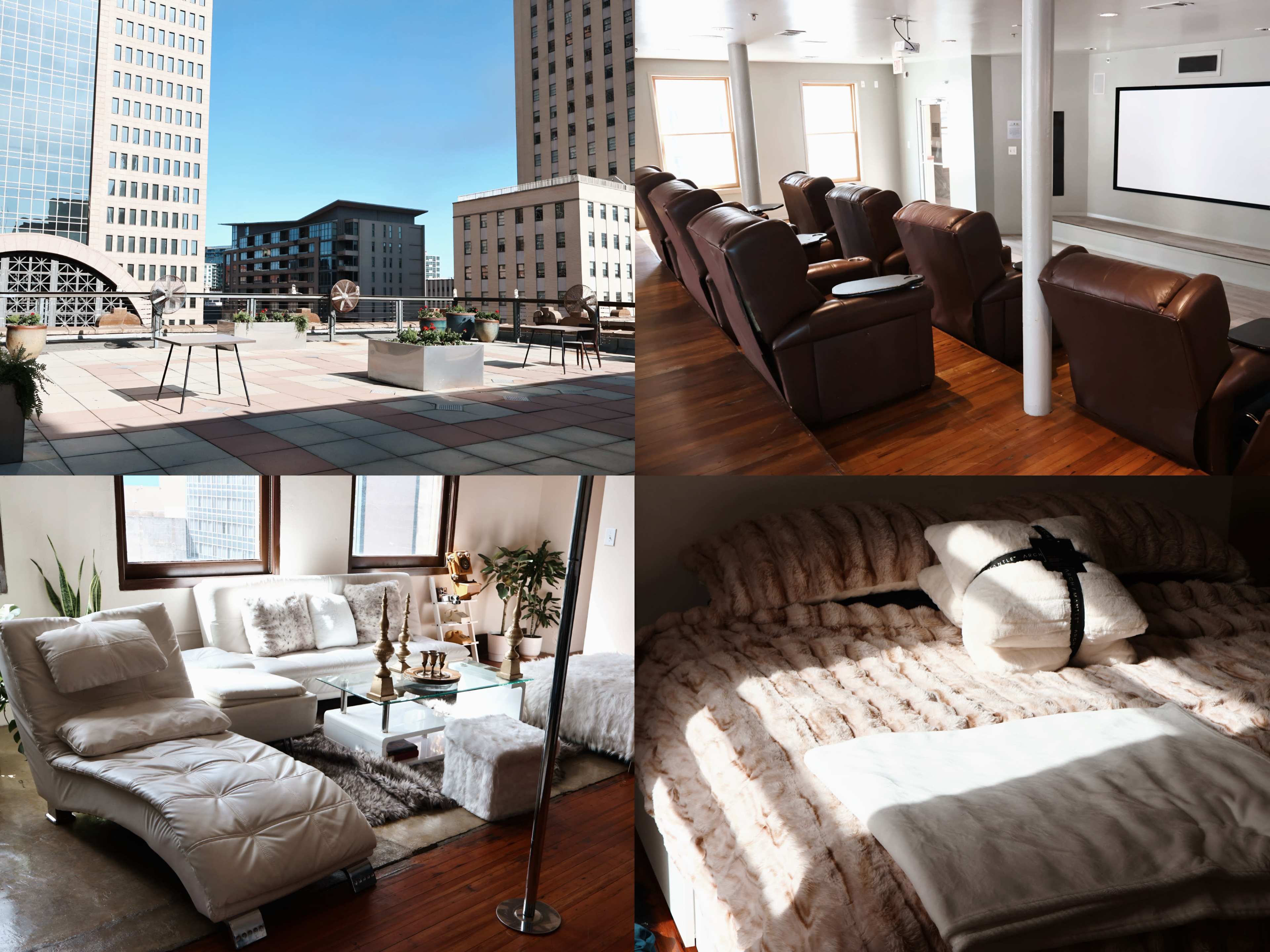 The image features four distinct areas: a rooftop terrace with seating, a cinema-like room with recliners and a projection screen, a stylish living area with modern furniture, and a bedroom with neatly arranged bedding.