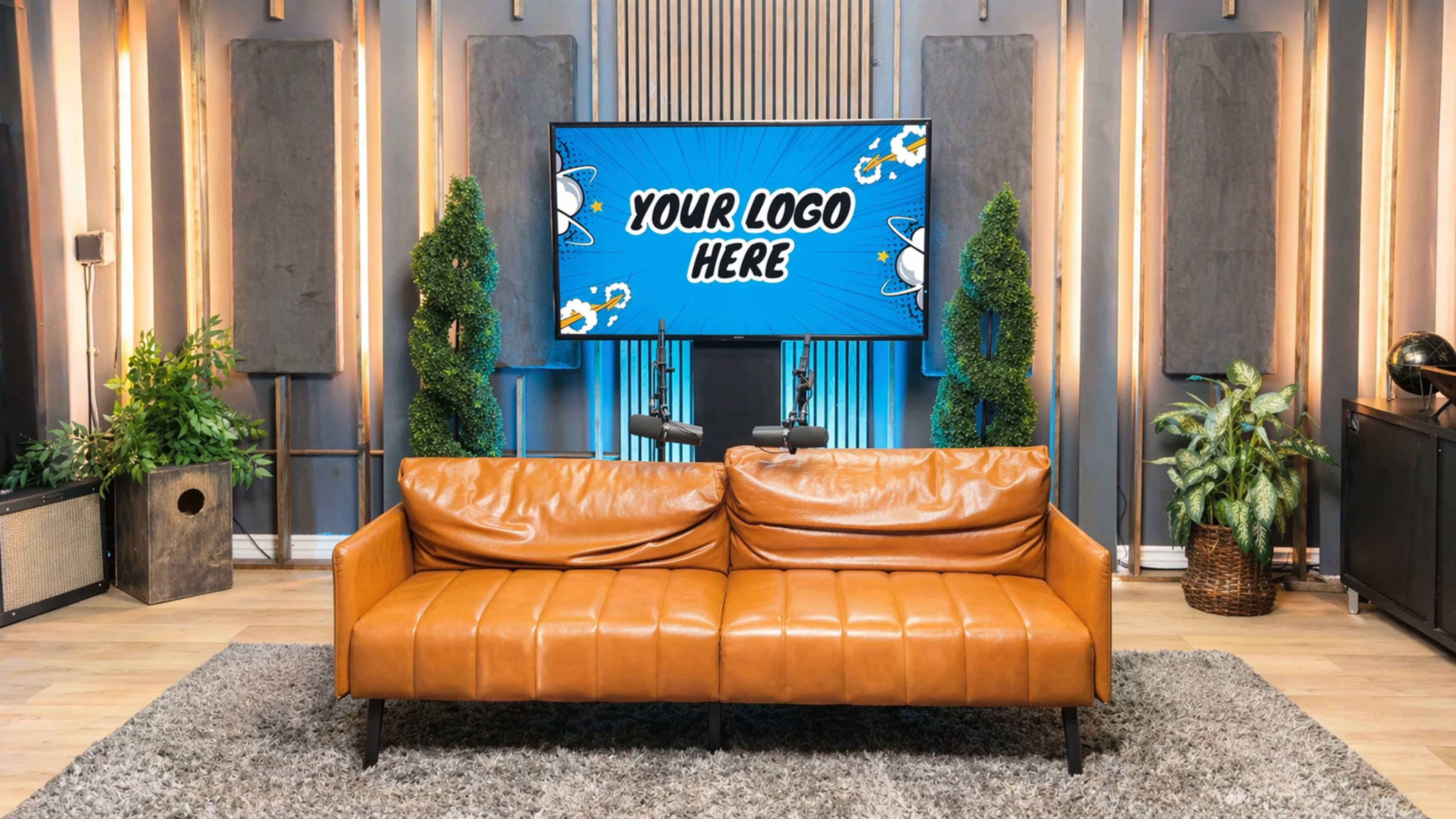 A modern living room features a brown leather couch in front of a large television displaying a blue graphic with "YOUR LOGO HERE."