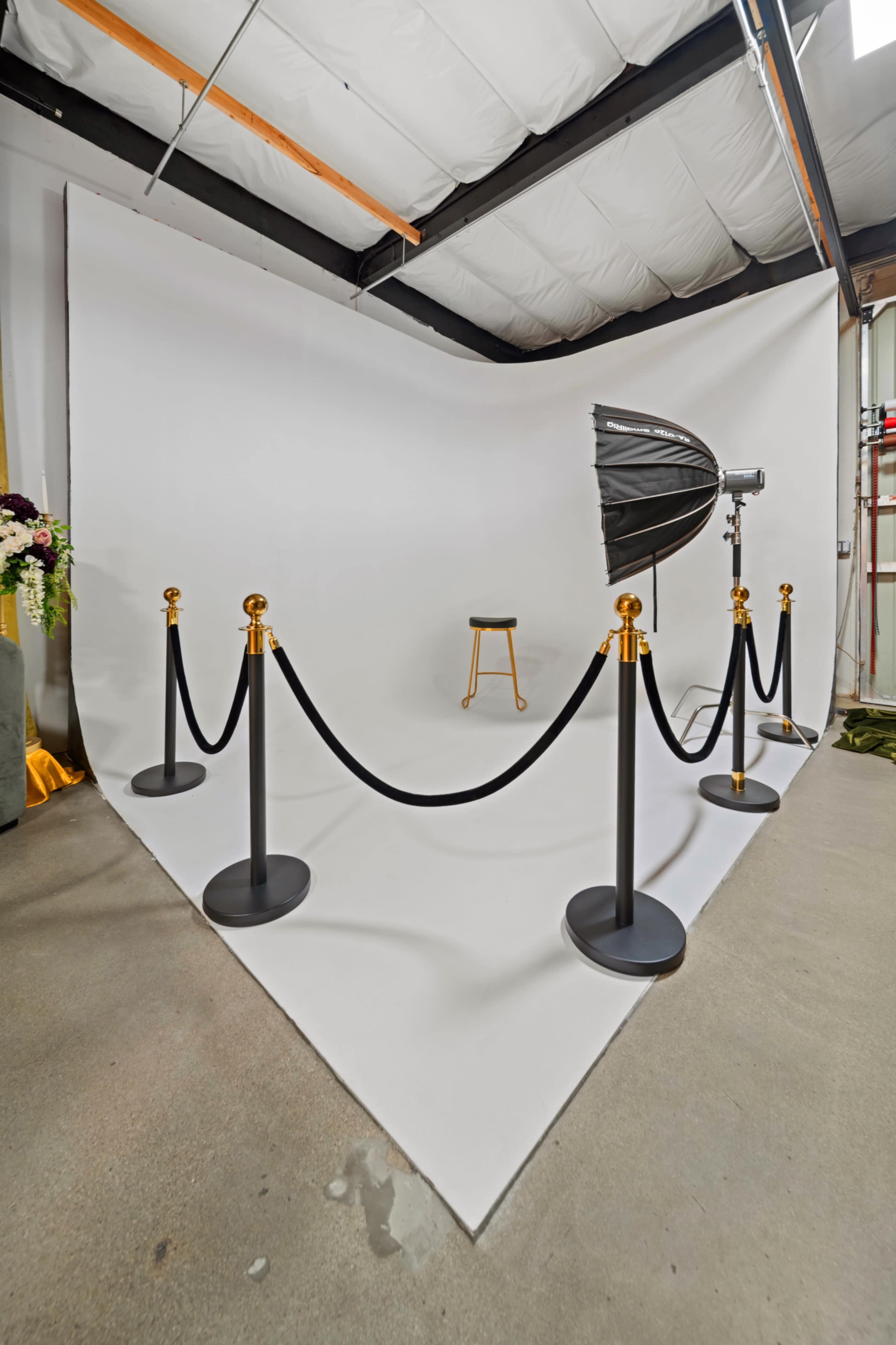 The image shows a photography studio setup with a white backdrop, a spotlight, and a stool surrounded by stanchions with black ropes.