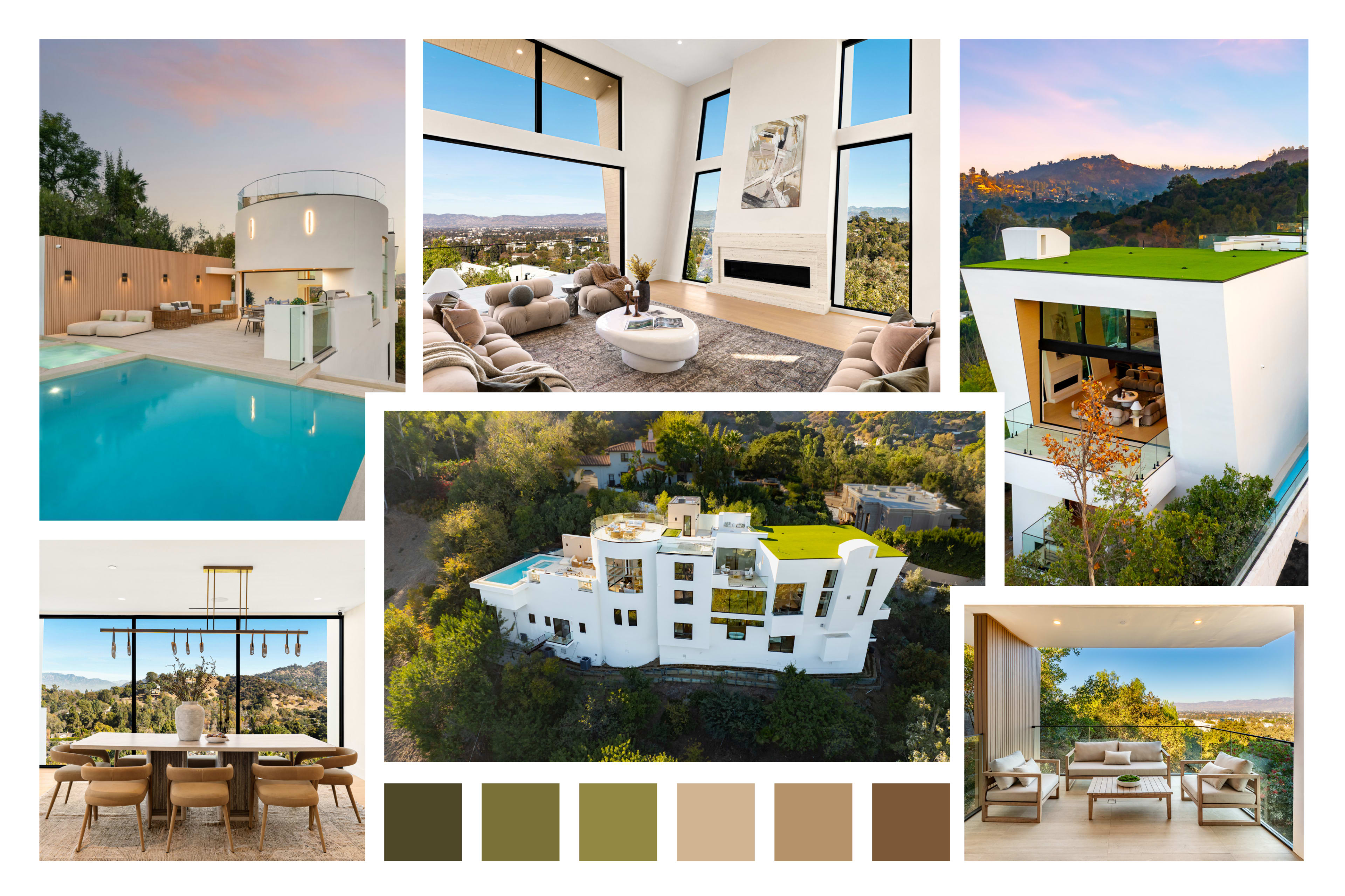 The collage showcases a modern luxury home featuring a swimming pool, large windows, and a green rooftop, set in a lush hillside environment.