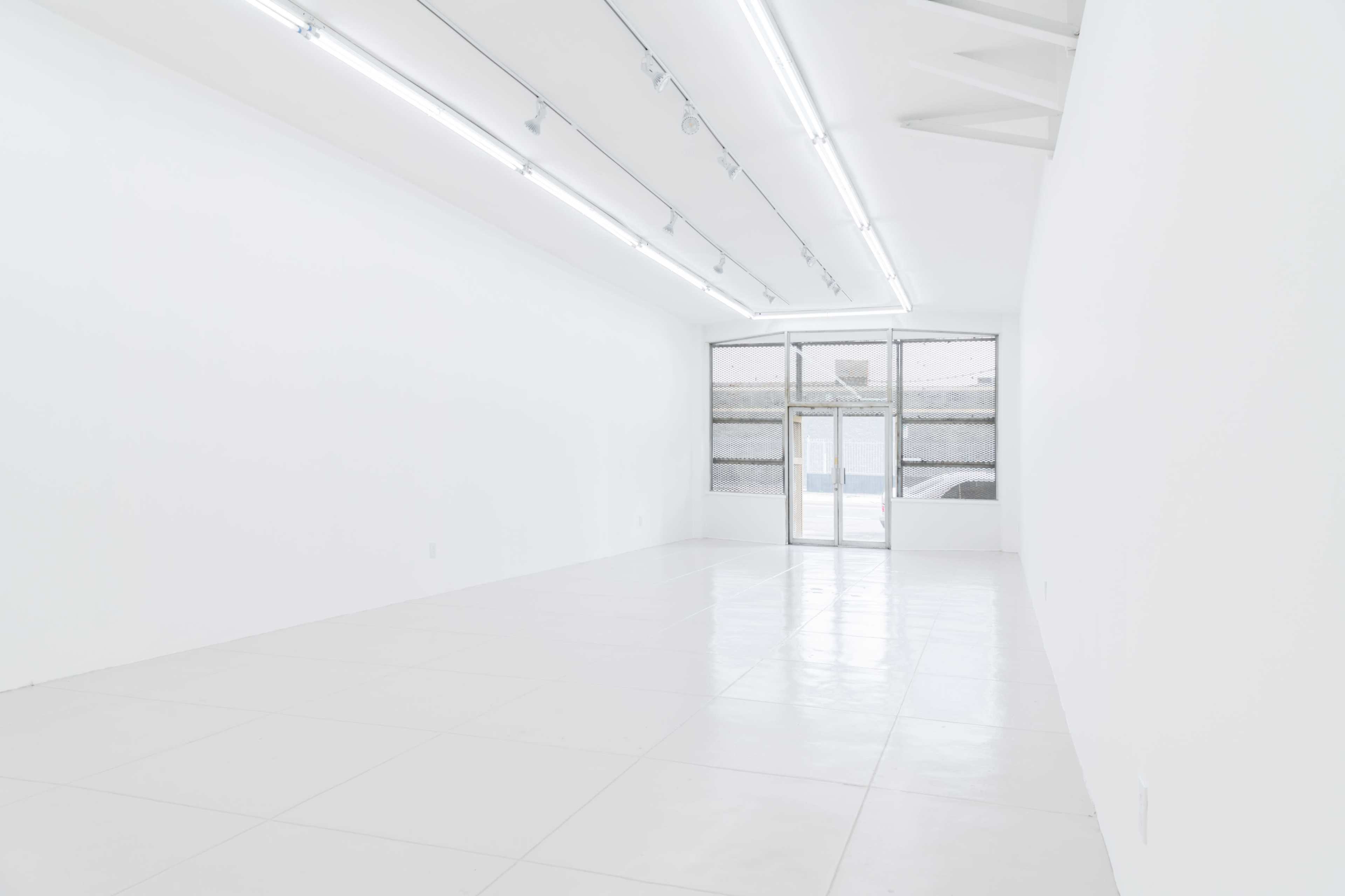 The image shows a spacious, empty room with white walls and a high ceiling, featuring bright overhead lights and a large front glass door.