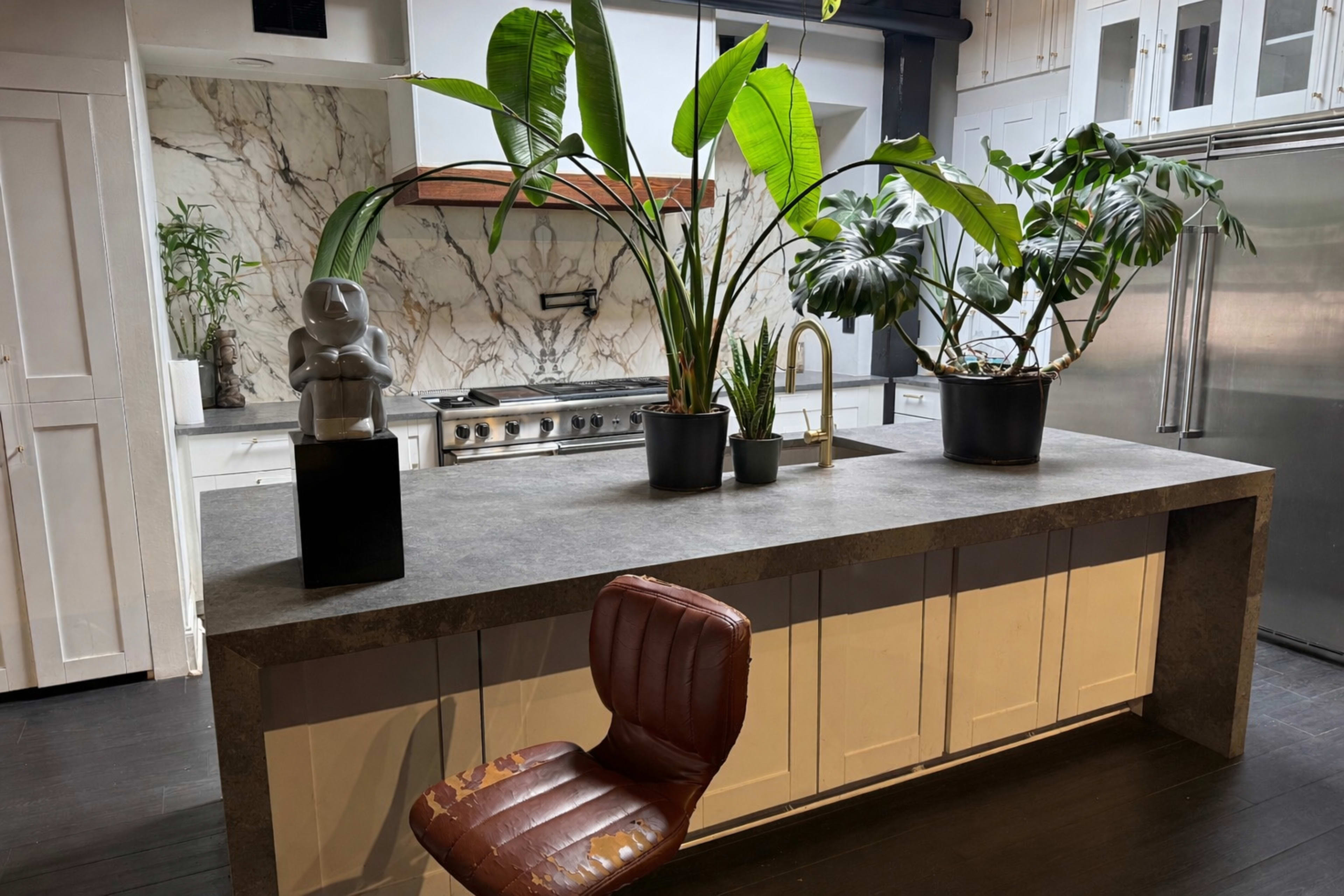 The image shows a modern kitchen with a large stone island, plants in pots, a stainless steel refrigerator, and a brown chair positioned nearby.