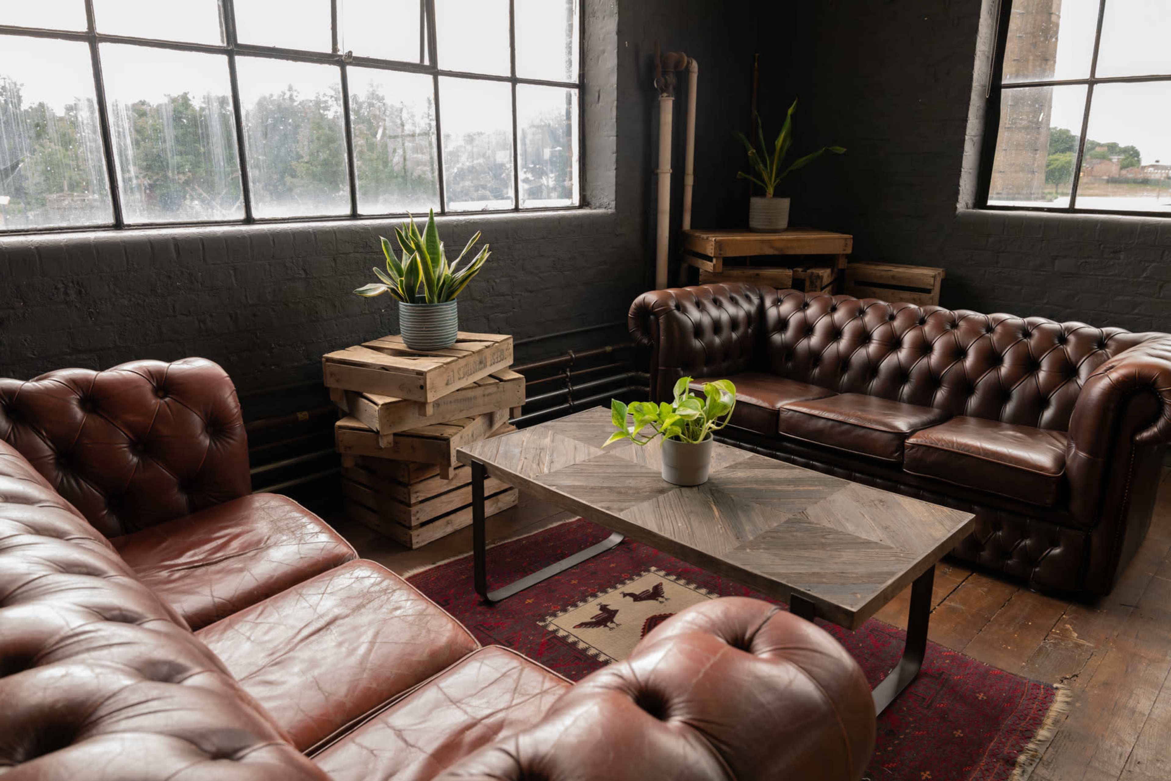 A cozy living room with two brown leather Chesterfield sofas, a wooden coffee table with a potted plant, and large windows letting in natural light.