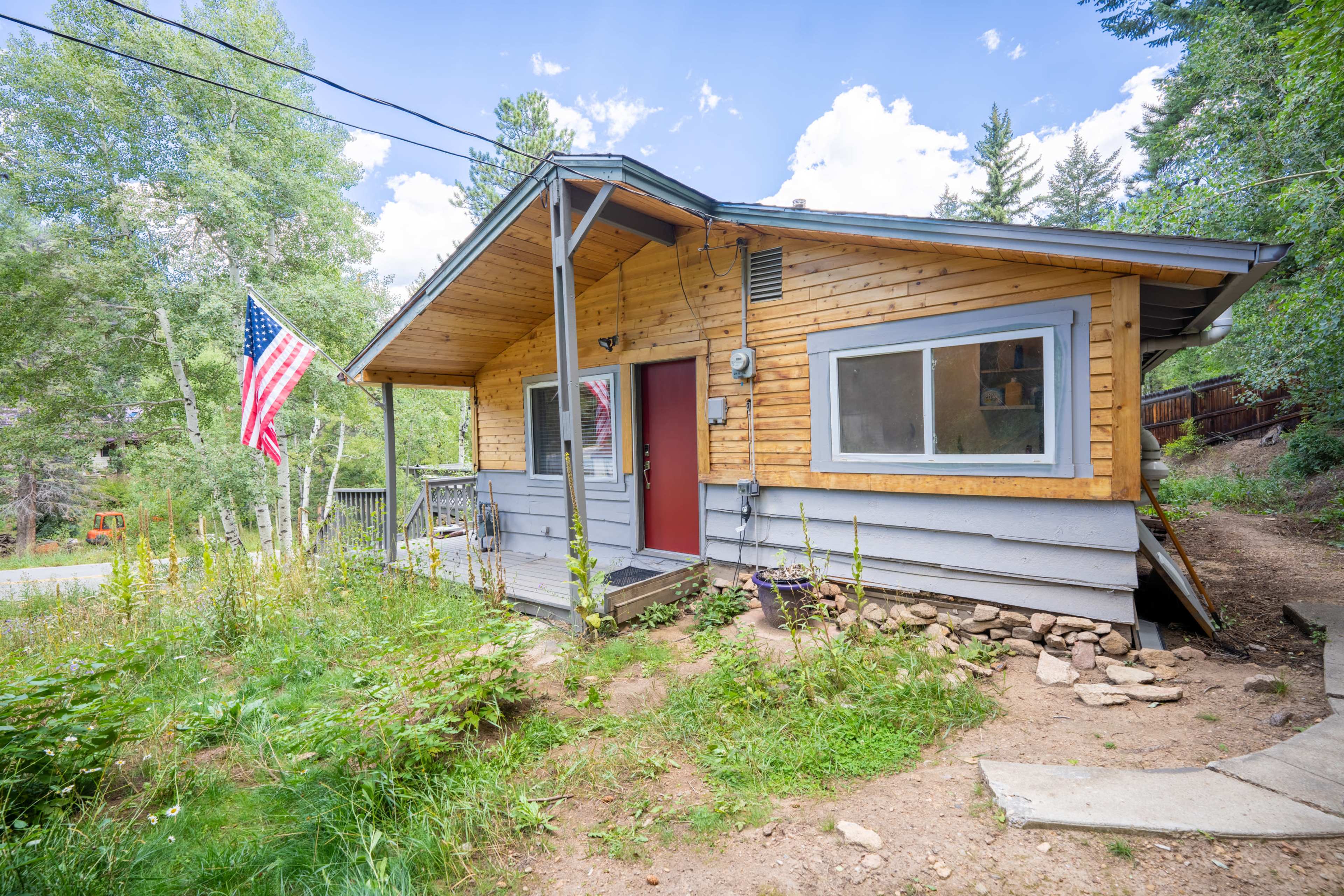 A wooden house with a porch and an American flag is surrounded by green foliage and trees.