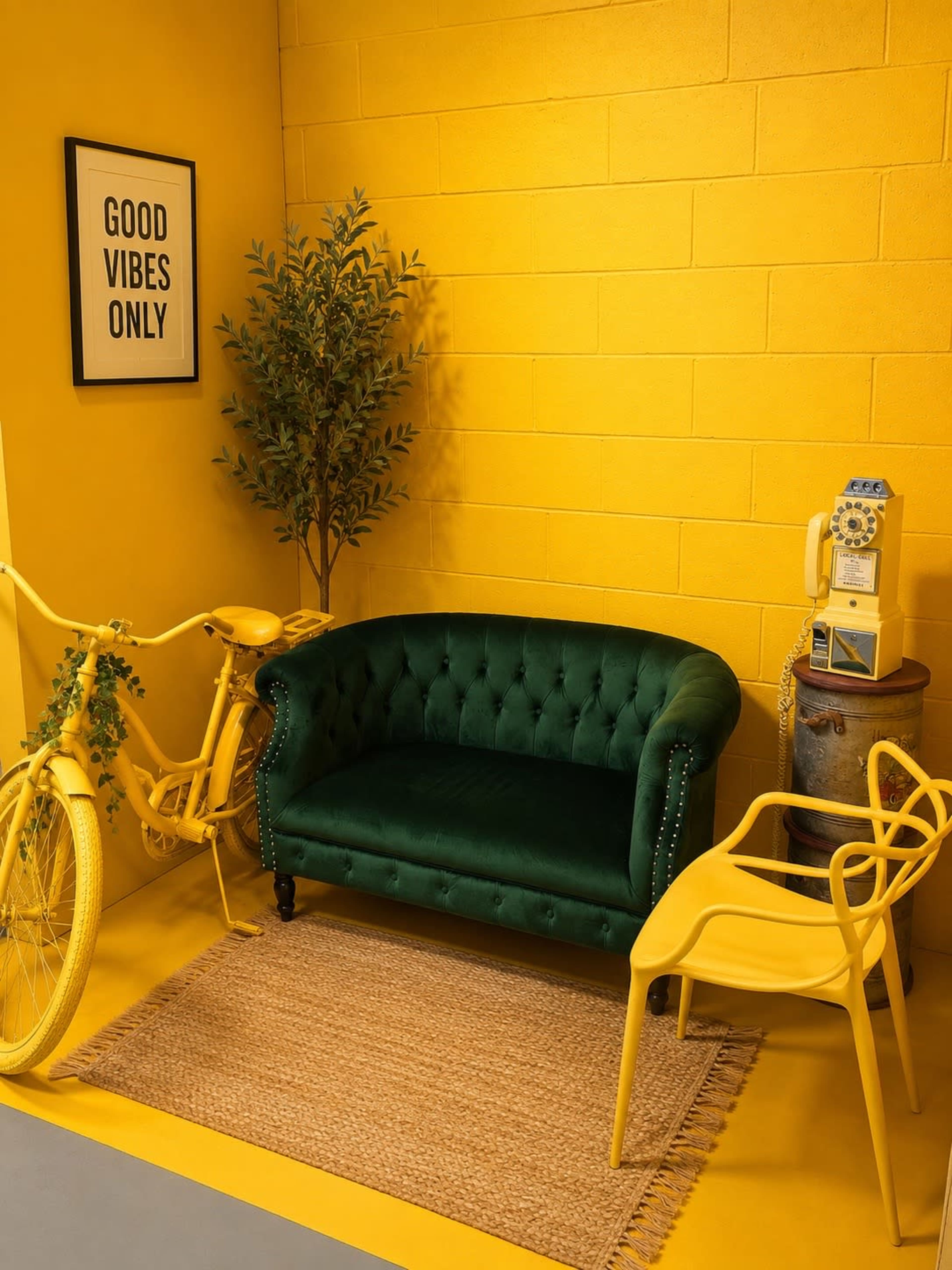 The image depicts a bright yellow room featuring a green tufted couch, a yellow bicycle, a small decorative plant, a yellow chair, and a vintage telephone.