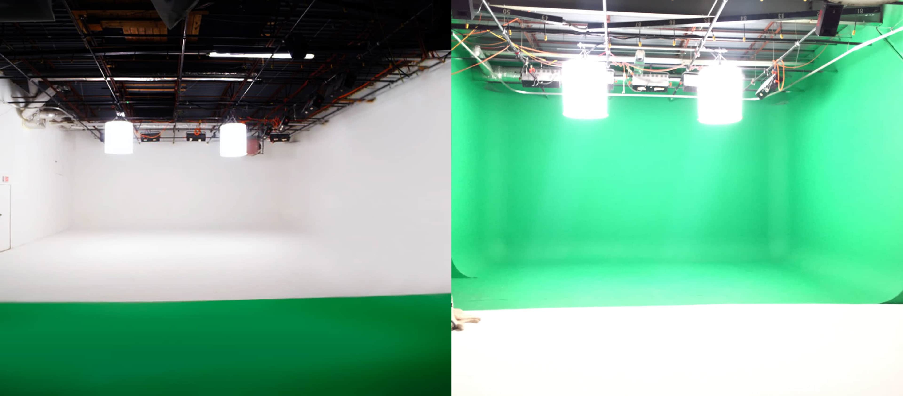 Two studio rooms, one with a white backdrop and the other with a green backdrop, both featuring overhead lights and exposed wiring.