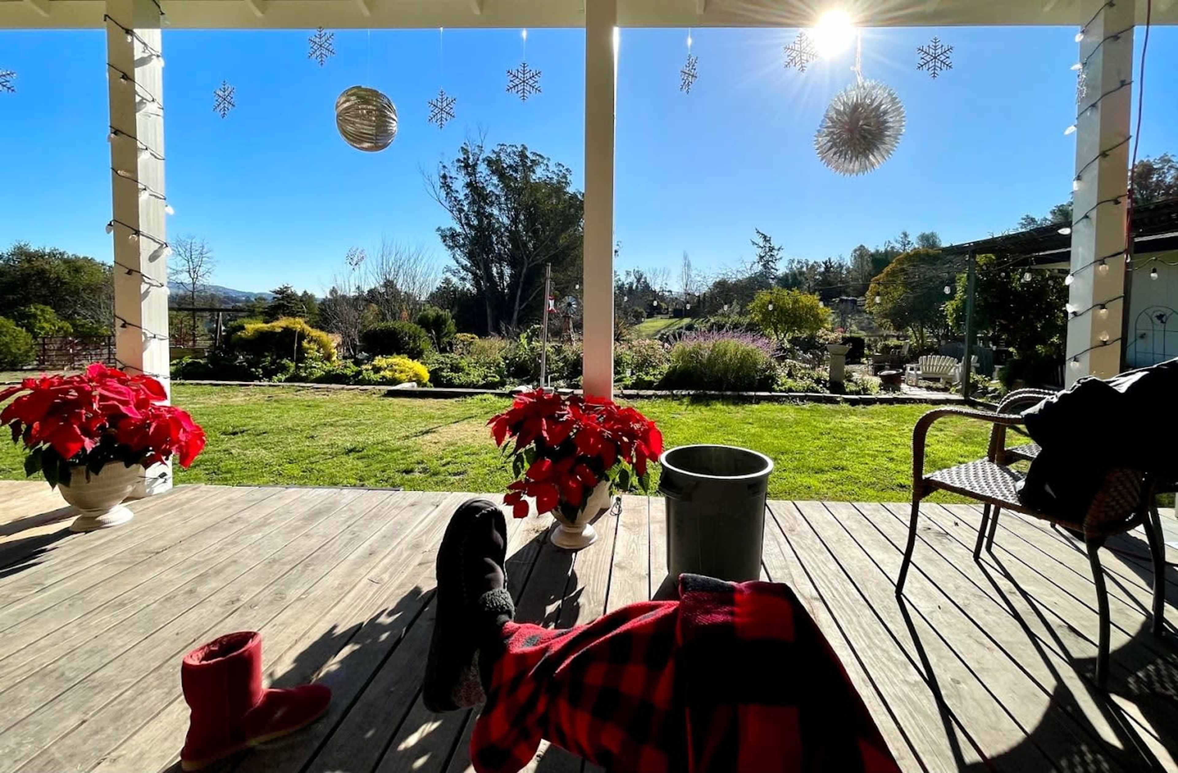 A person relaxes on a porch, wearing red and black plaid pants, while looking out at a garden with poinsettias and holiday decorations.