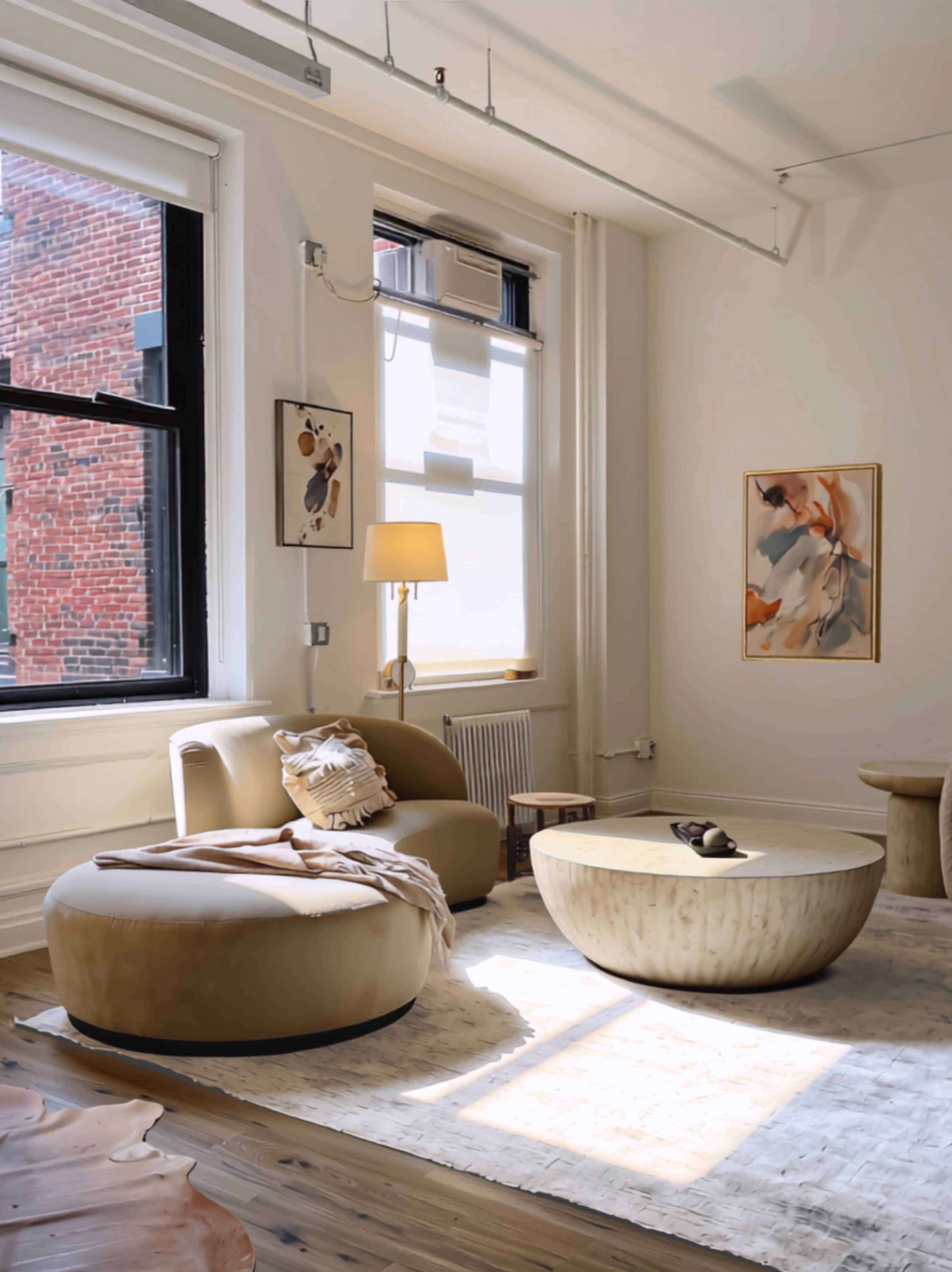 The image shows a modern living space with a curvy armchair, a round coffee table, and artwork on the walls, while natural light streams in through large windows.