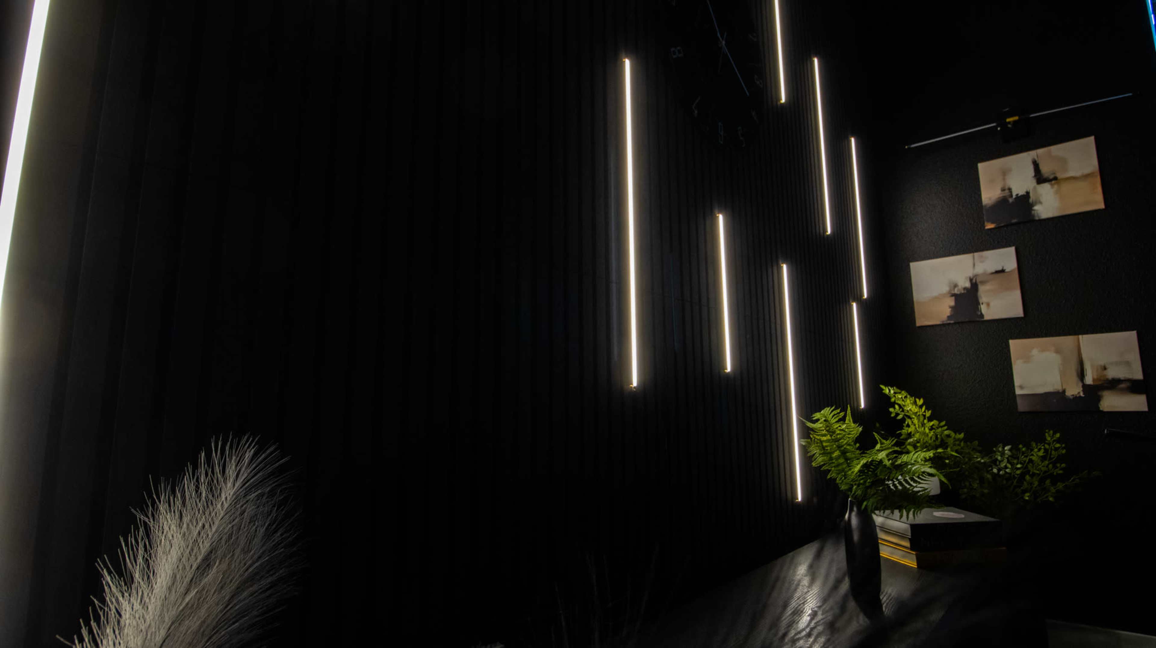 The image shows a dark room with vertical light fixtures illuminating a textured wall, alongside a plant and framed artwork.