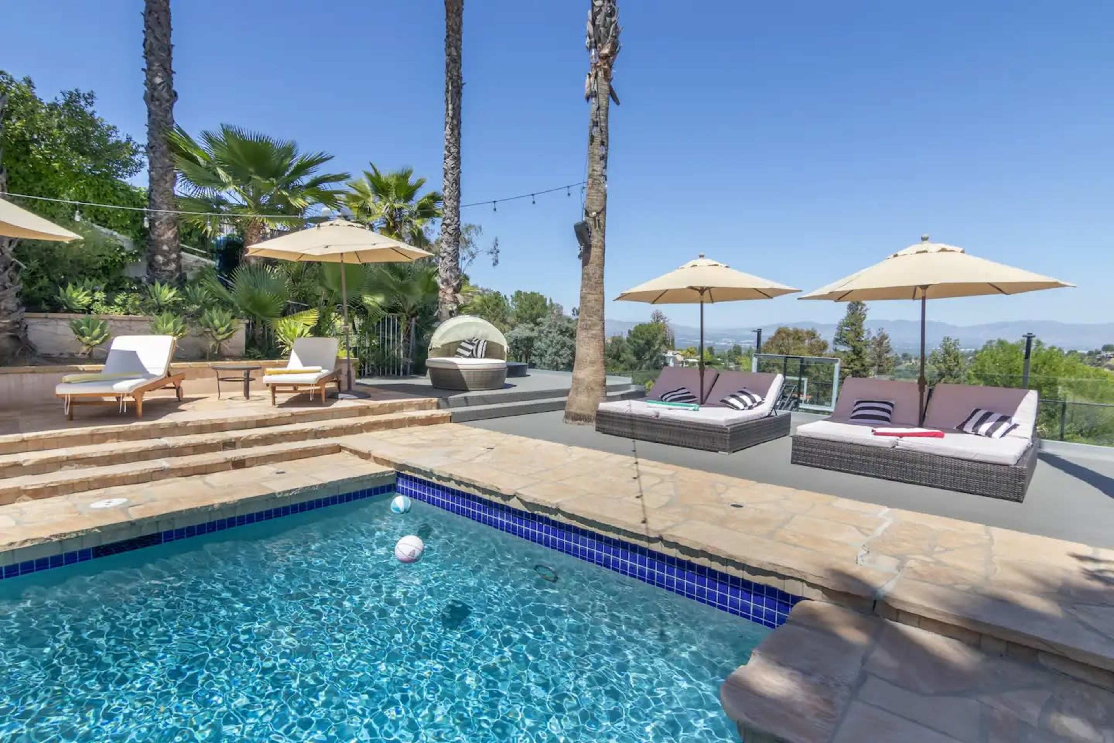 A sunny outdoor area features a swimming pool surrounded by lounge chairs and umbrellas, with palm trees in the background.