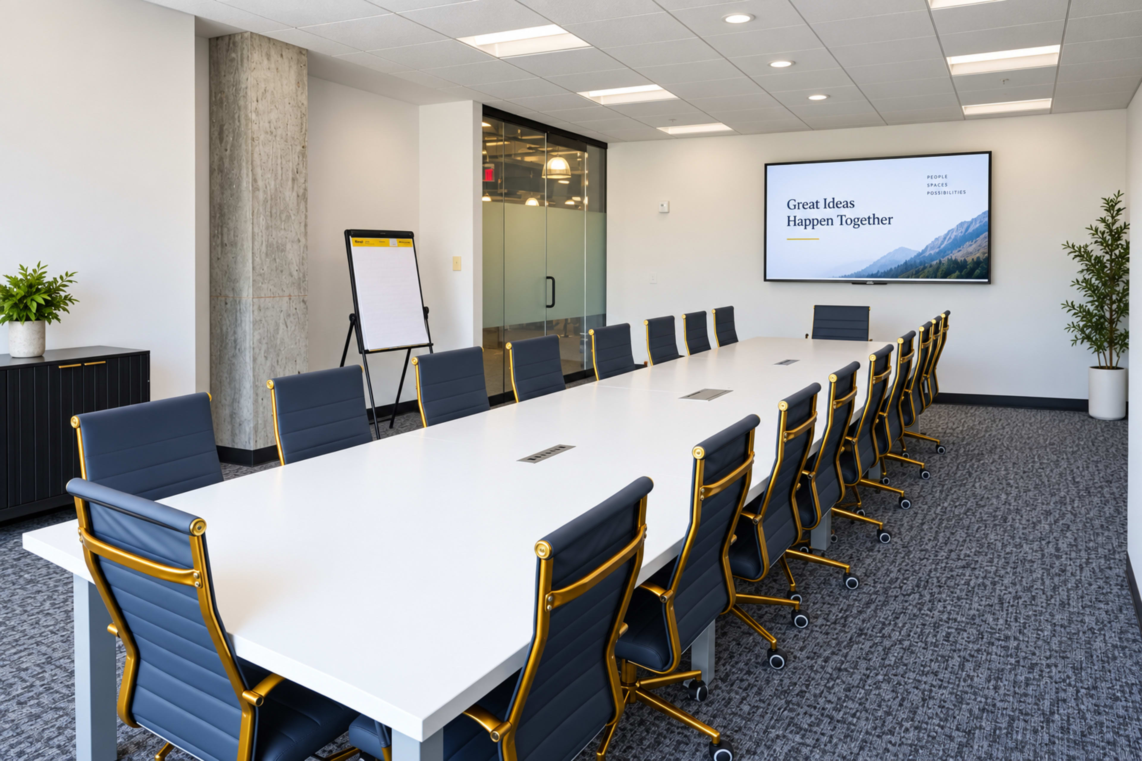 A modern conference room features a long white table surrounded by chairs, a large screen on the wall displaying a motivational message, and a flip chart nearby.