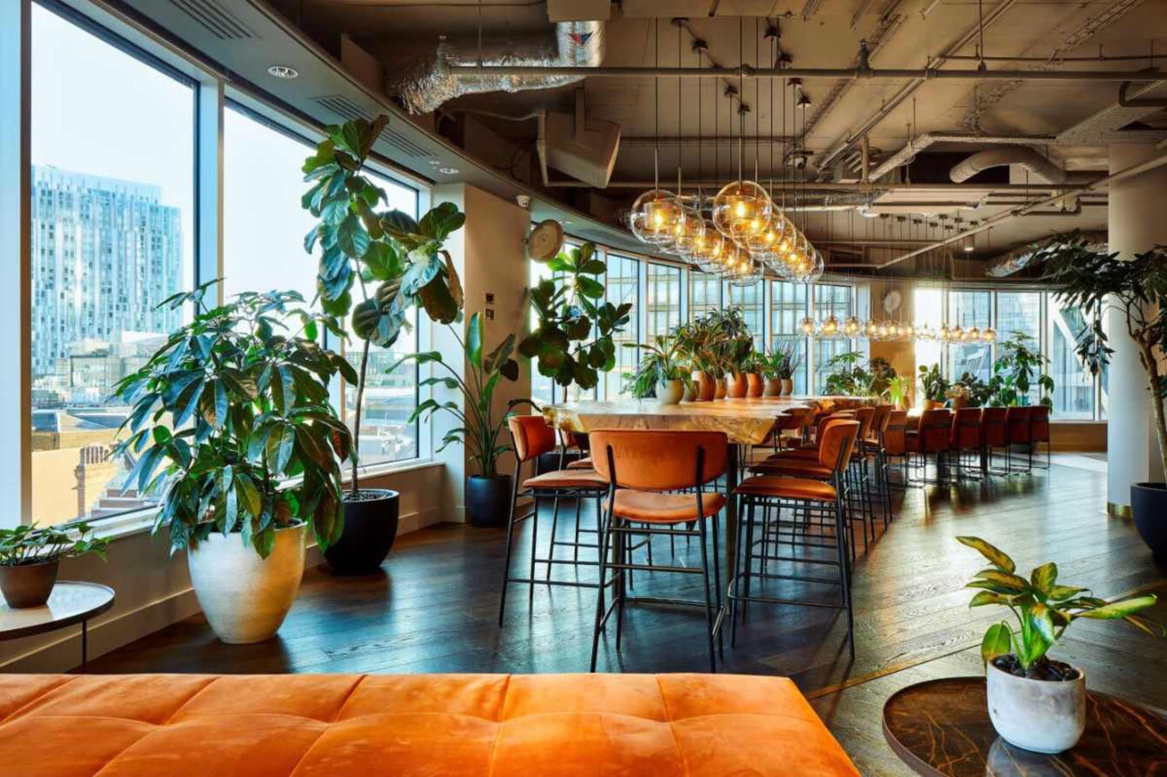 A modern dining area features a large table surrounded by chairs, illuminated by overhead pendant lights, with large windows displaying a cityscape and various indoor plants enhancing the space.