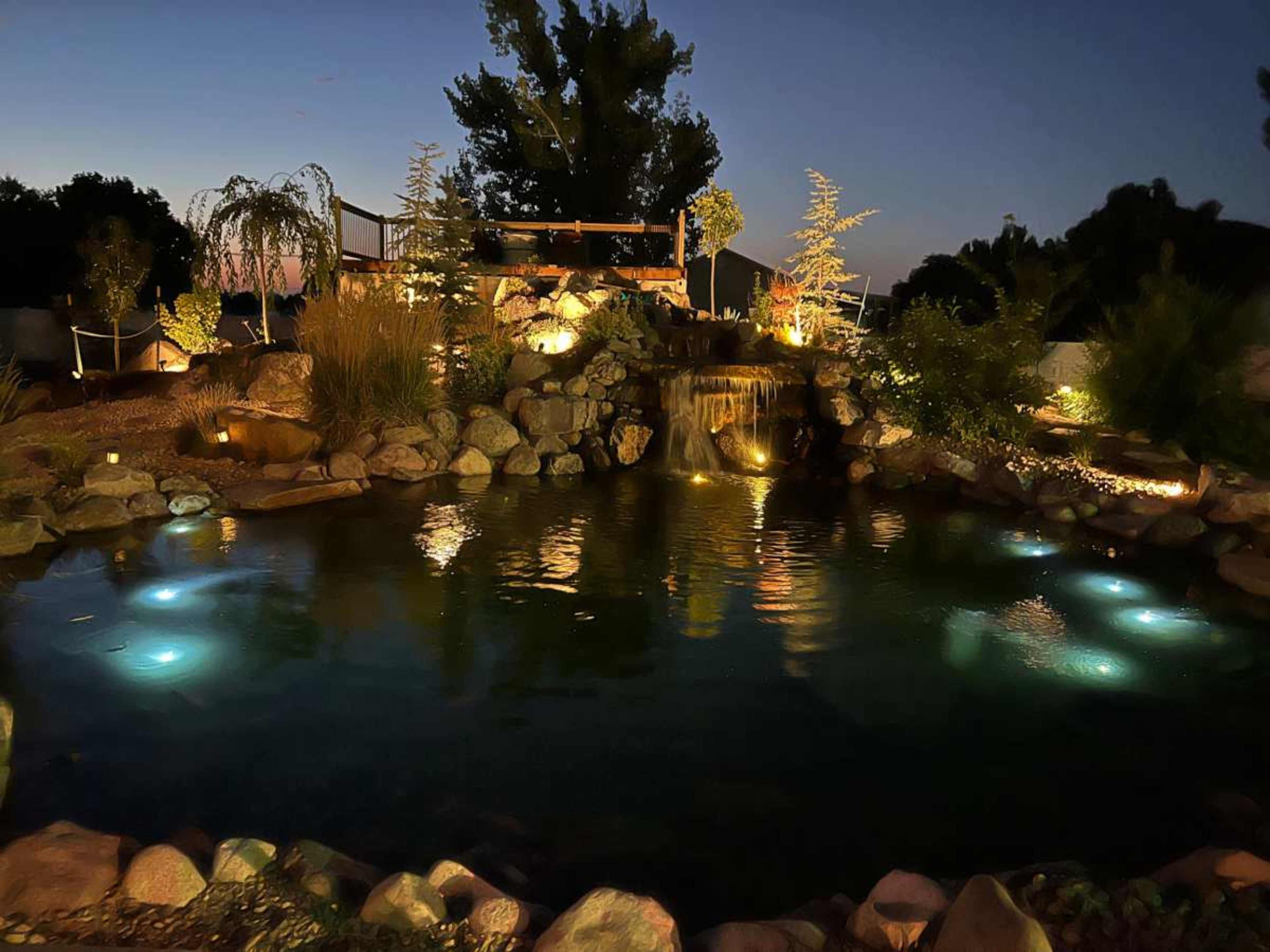 A serene pond with illuminated stones and a waterfall is surrounded by lush greenery and trees at night.