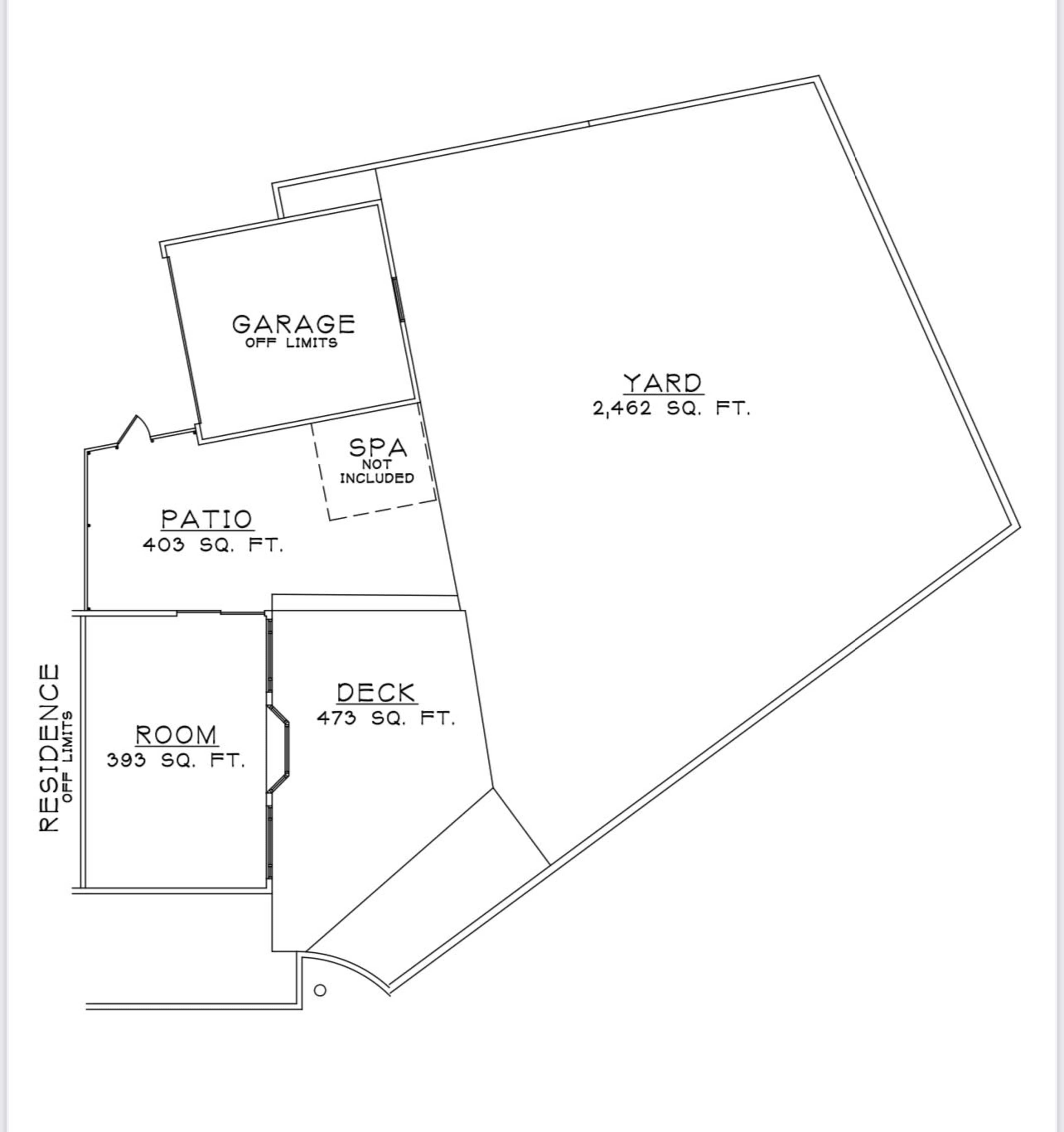 A floor plan detailing the layout of a residence, including a garage, patio, room, deck, and yard, with specified square footage for each area.