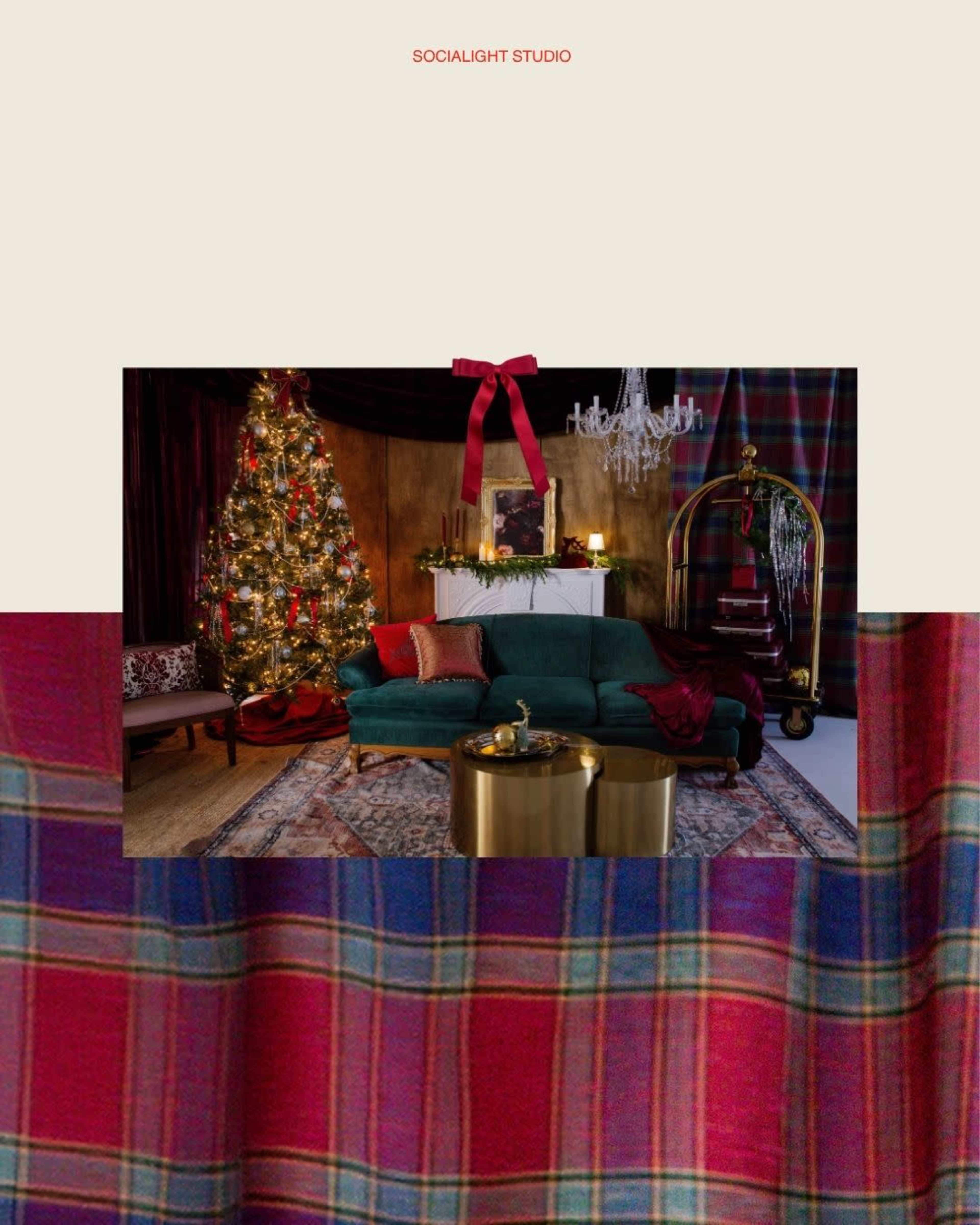 The image features a festive living room decorated for the holidays with a Christmas tree, a green sofa, and gold side tables.
