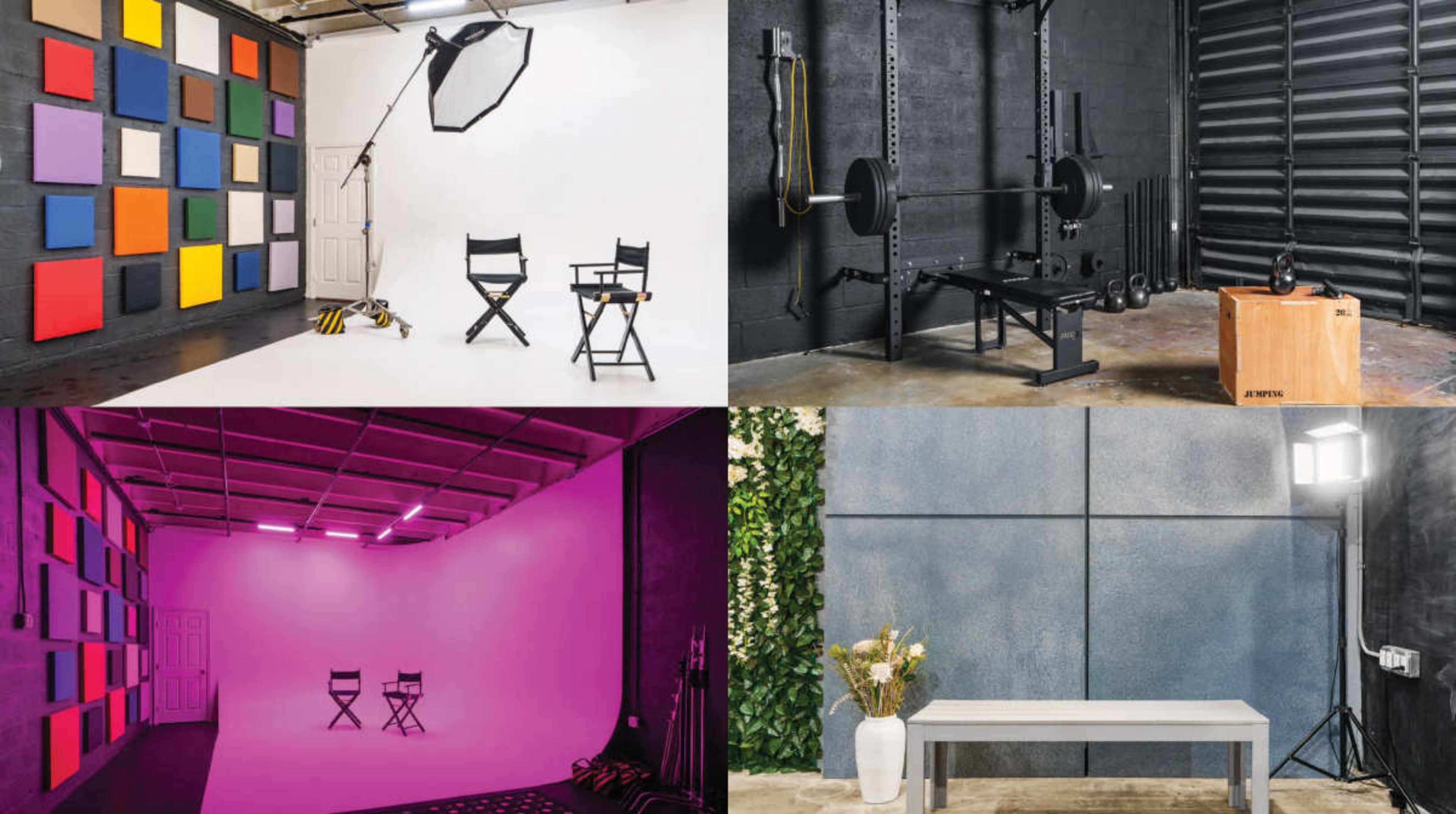 The image showcases four distinct studio setups: a colorful backdrop with two director's chairs, a weightlifting area with gym equipment, a pink-lit studio space featuring two chairs, and a clean, modern corner with a table against a textured wall.