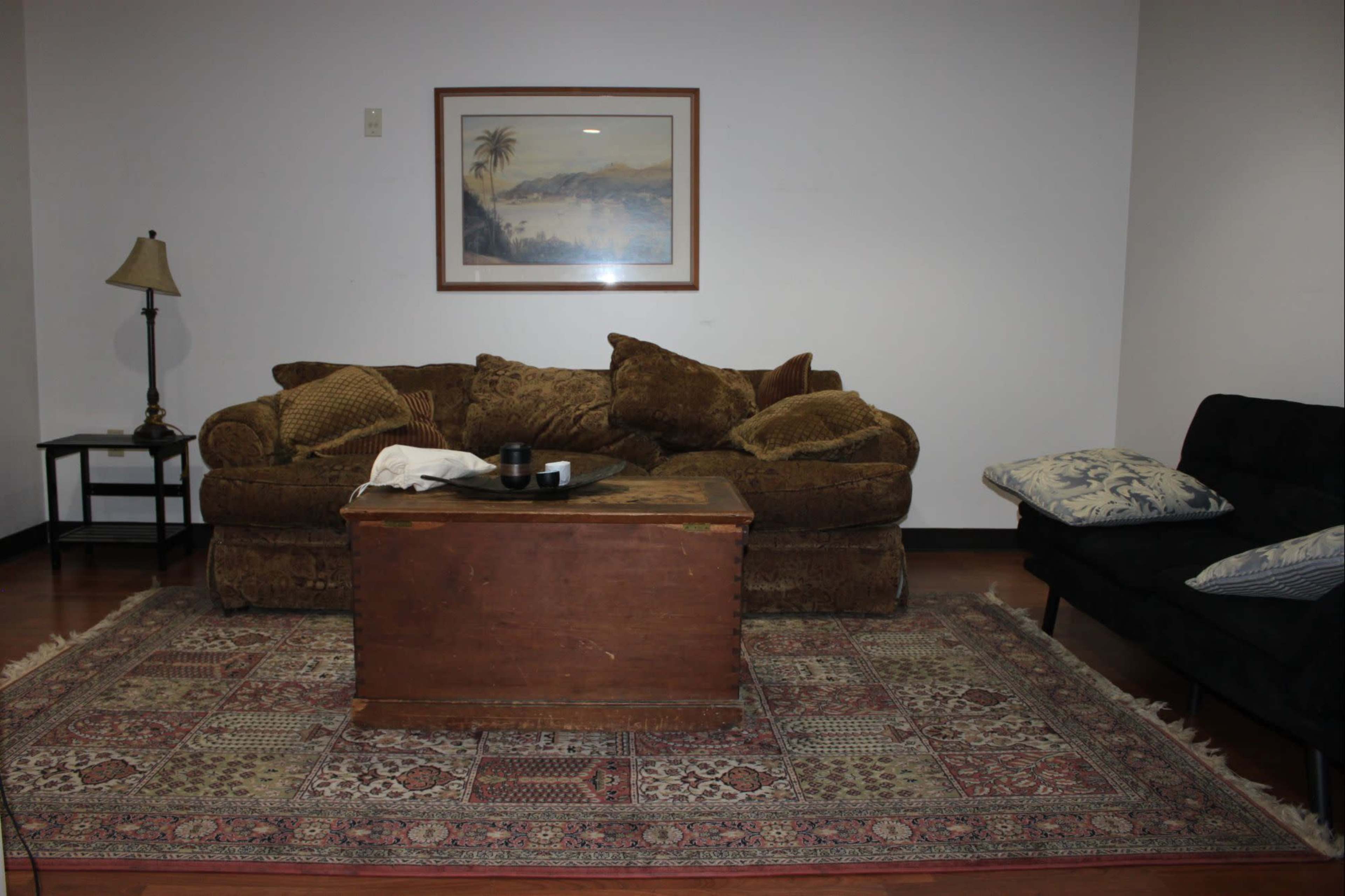 The image shows a living room with a brown sofa, a wooden coffee table, and a framed painting of mountains on the wall.