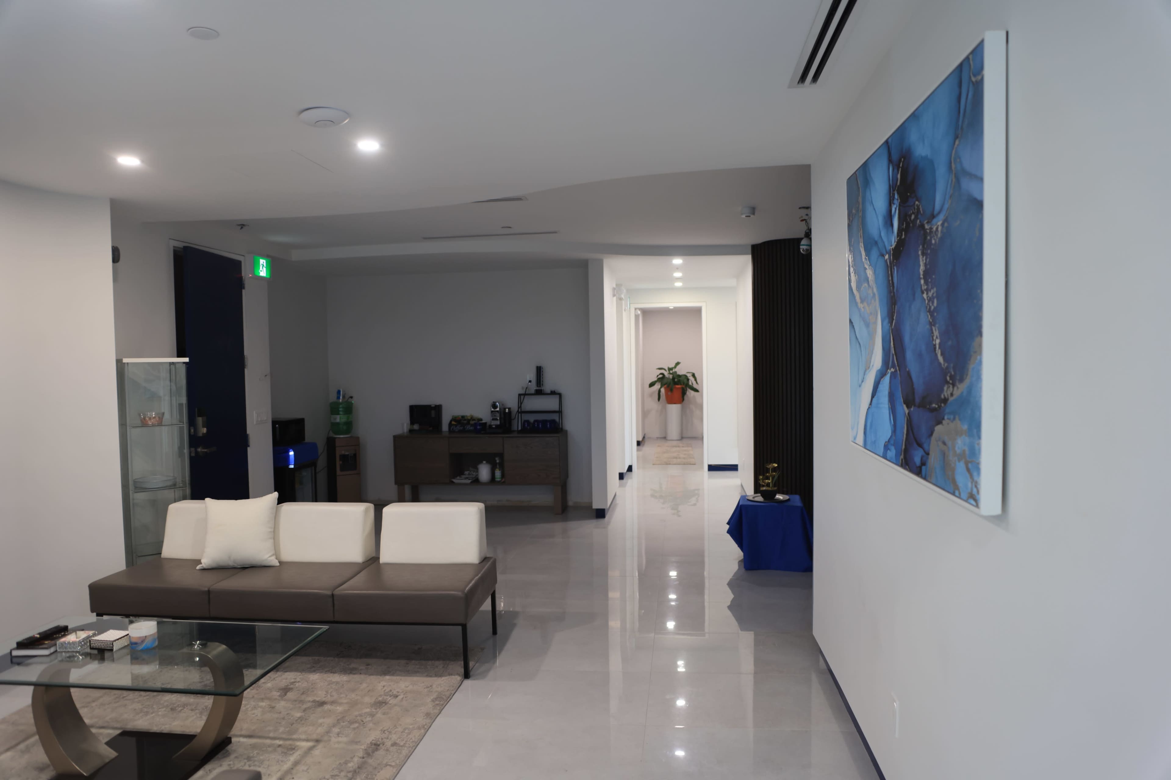 The image shows a modern, minimalist living space with a sofa, a glass coffee table, and an artwork mounted on the wall, leading to a hallway with plants and additional furniture.