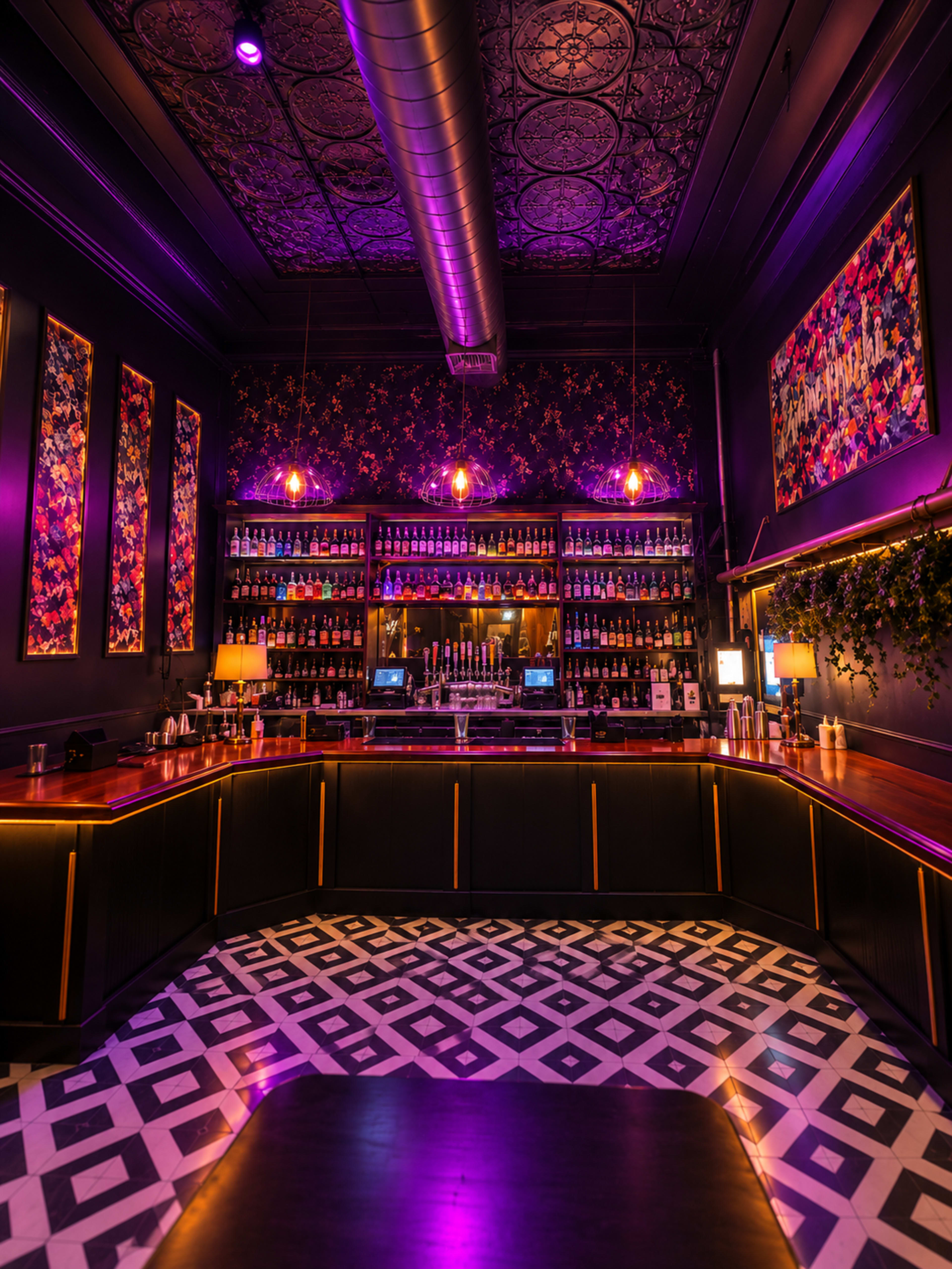 A modern bar features a dark, stylish interior with illuminated bottles on shelves, vibrant artwork, and patterned flooring.