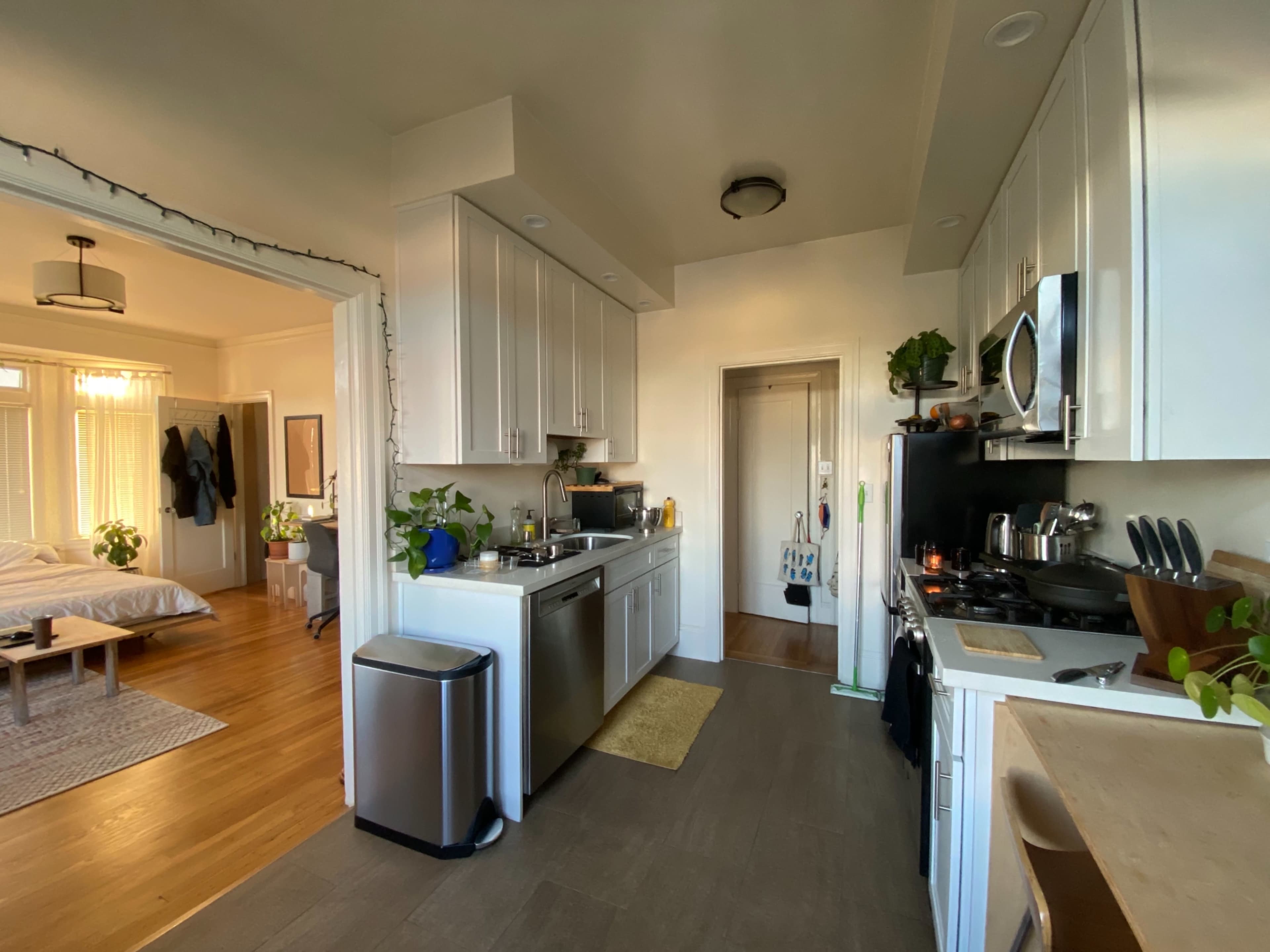 A modern kitchen features white cabinetry, stainless steel appliances, and plants on the countertops, with a glimpse of a bedroom visible through the doorway.