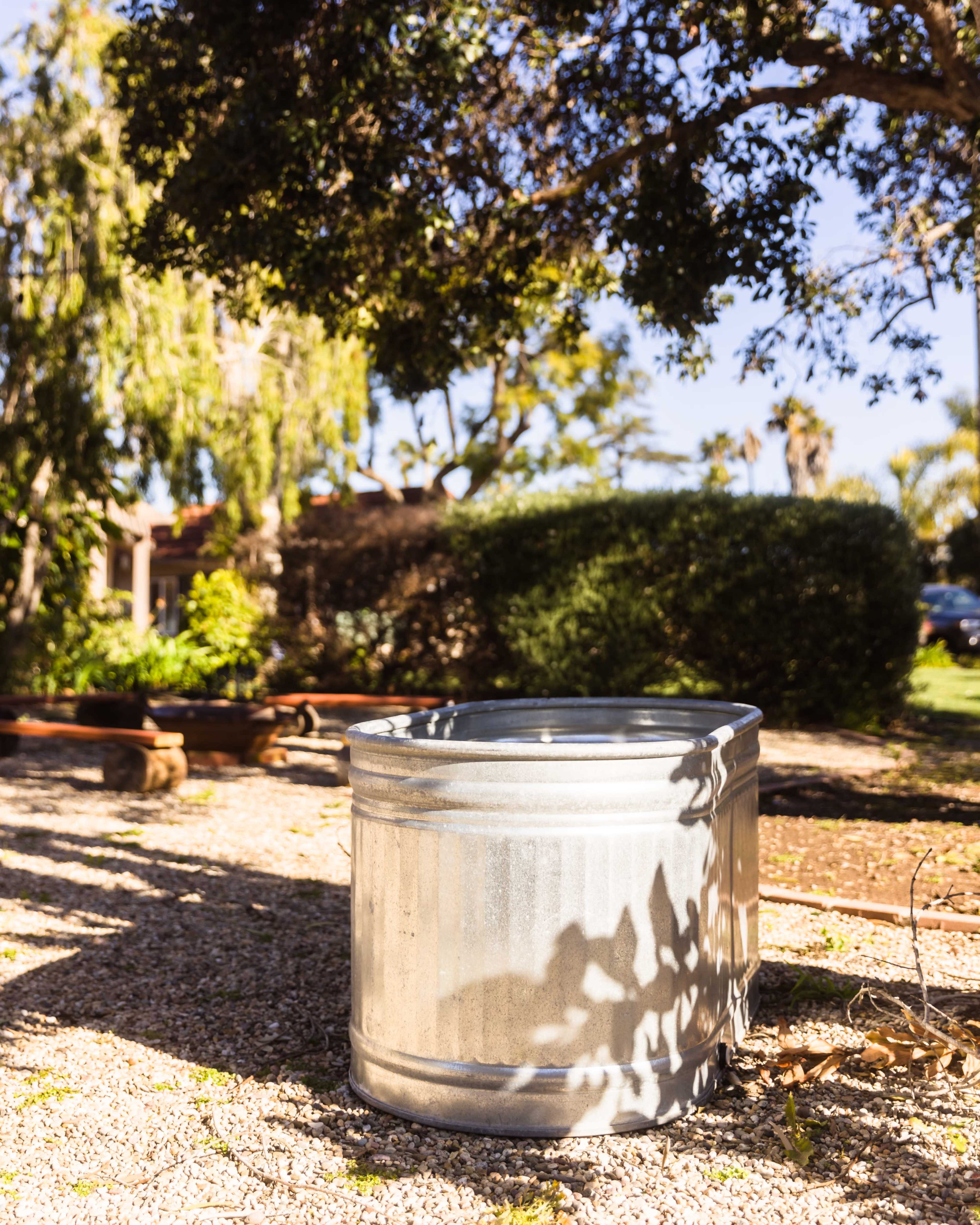 A metal trash can stands on gravel beneath a tree in a park.