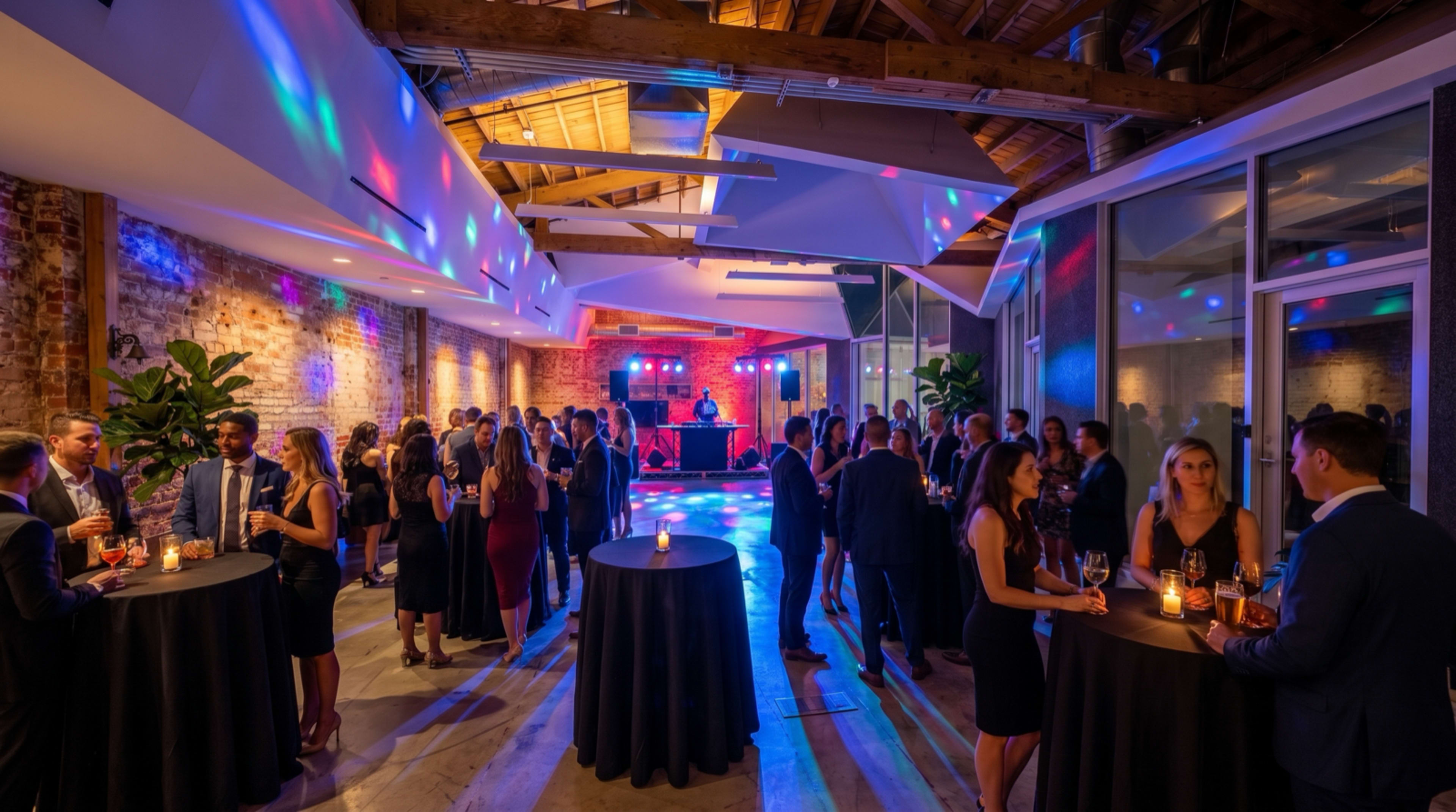 A crowded event space with tables and a DJ booth is illuminated by colorful lights, with guests mingling and enjoying drinks.
