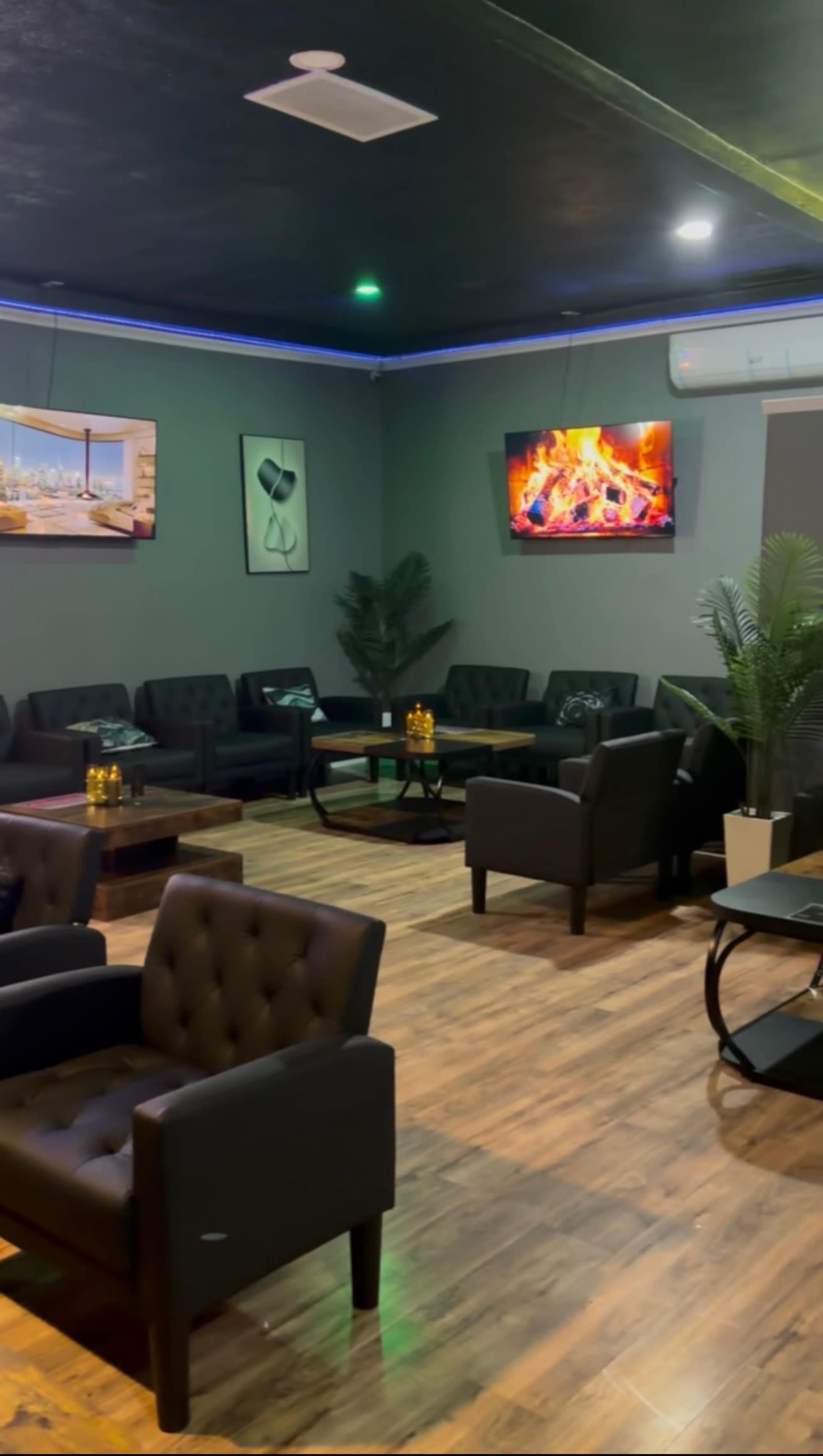 The image shows a modern lounge area with dark leather seating, a coffee table, potted plants, and artwork on the walls, illuminated by ambient lighting and a television displaying a fireplace scene.