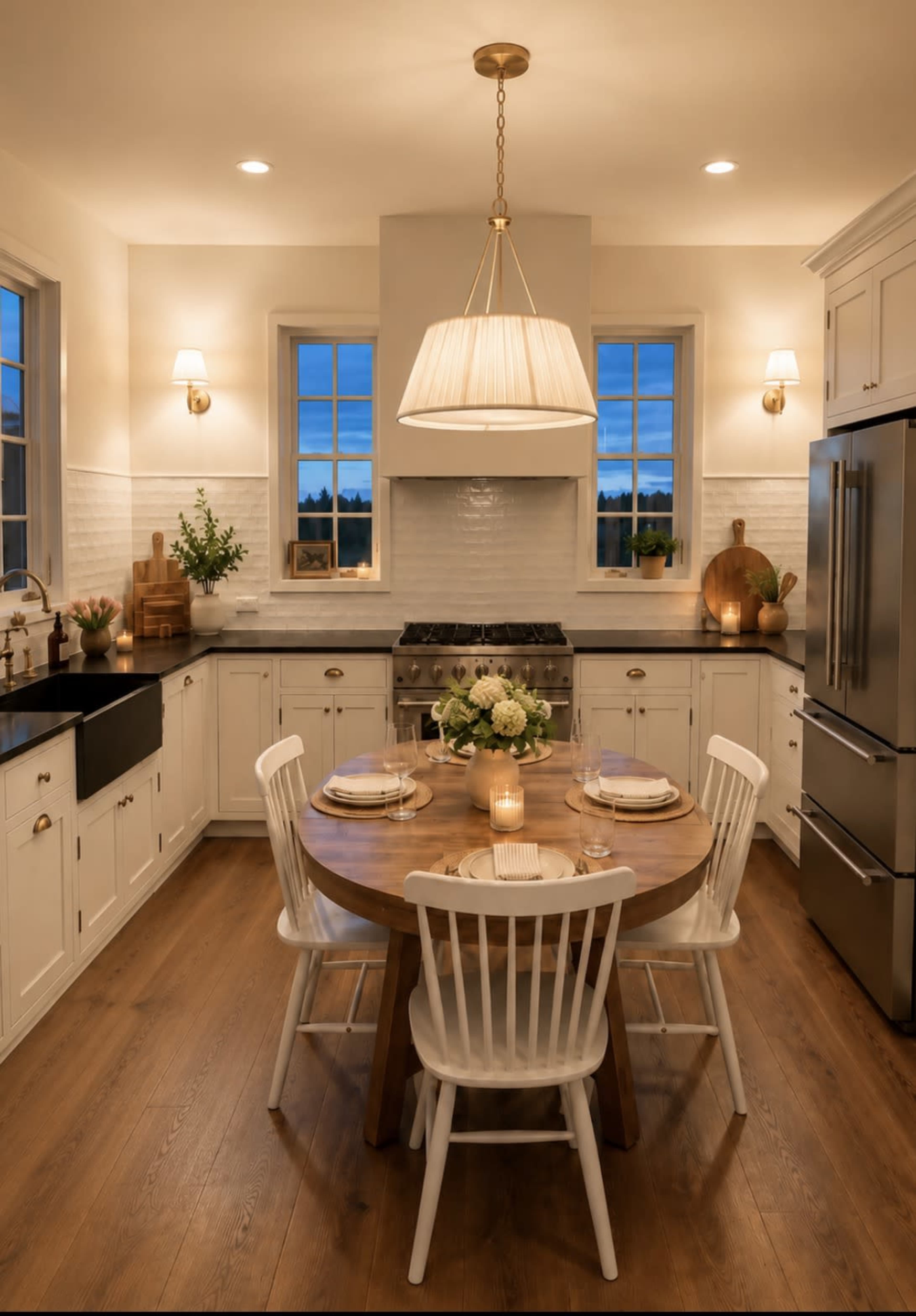 The image shows a modern kitchen with white cabinets, a wooden dining table set for two, and a large pendant light hanging above.