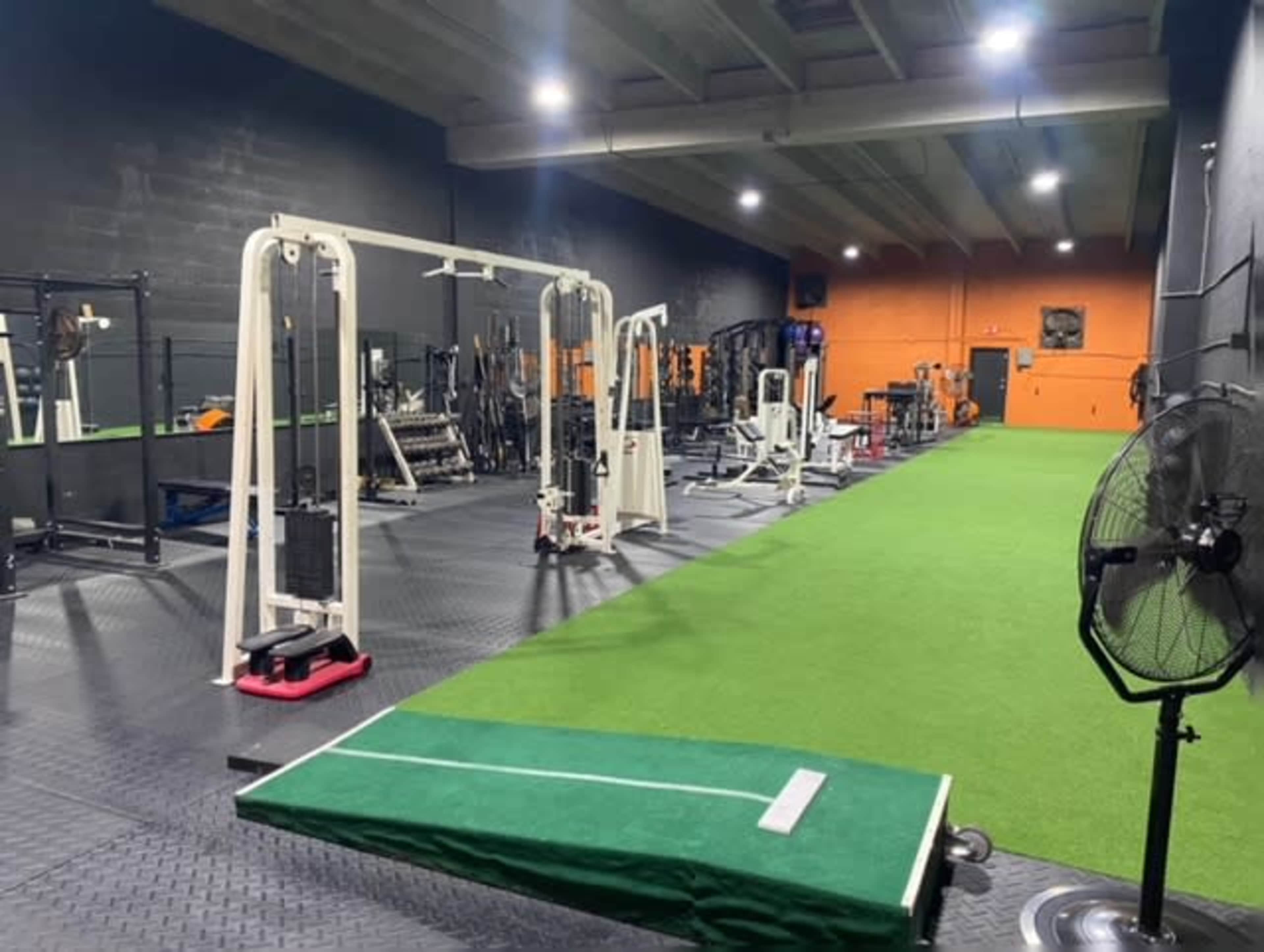 A gym interior with various strength training equipment, a turf area, and a fan.