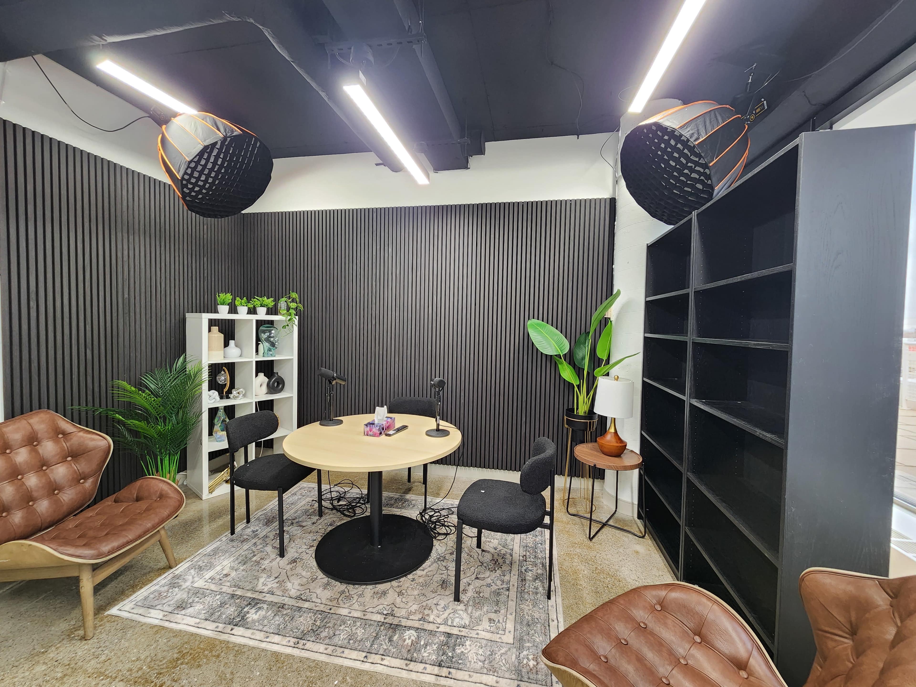 The image shows a modern studio space featuring a round table with microphones, black chairs, and decorative plants, all set against textured black walls and pendant lights.