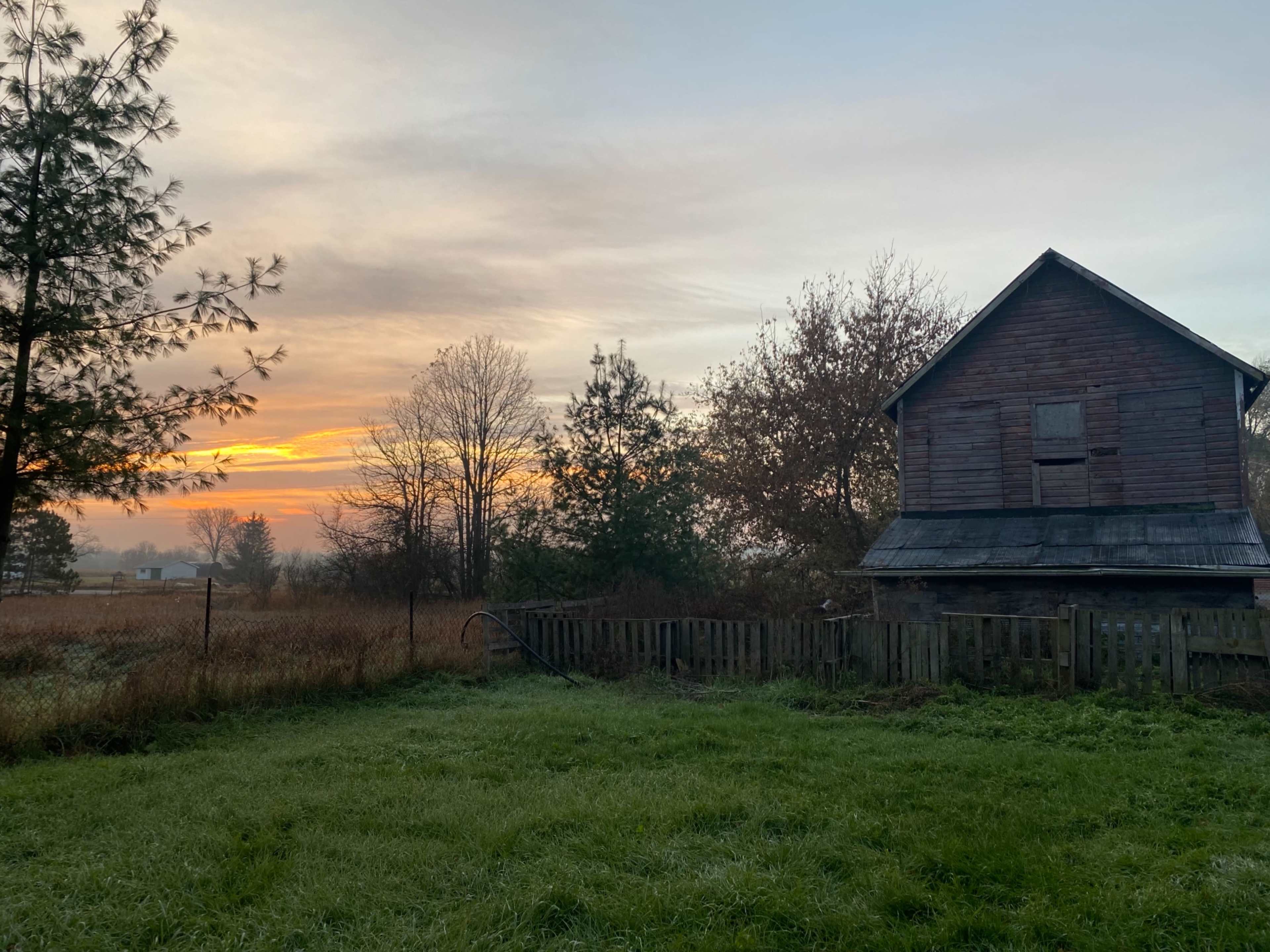 A weathered barn stands beside a misty field at sunrise, framed by trees and a fence.