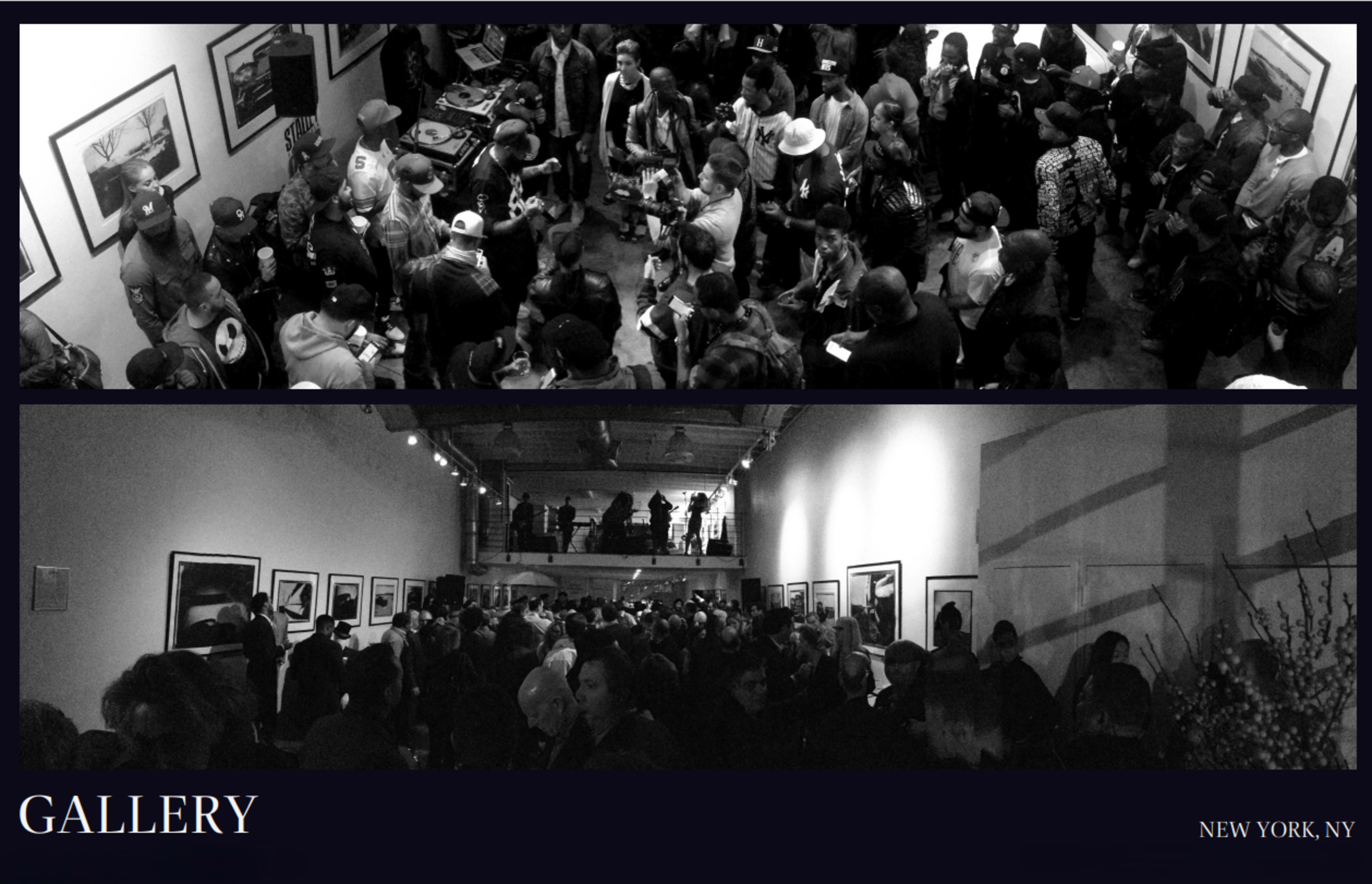 A crowded gallery opening features numerous attendees engaged in conversation while viewing black-and-white photographs on the walls.