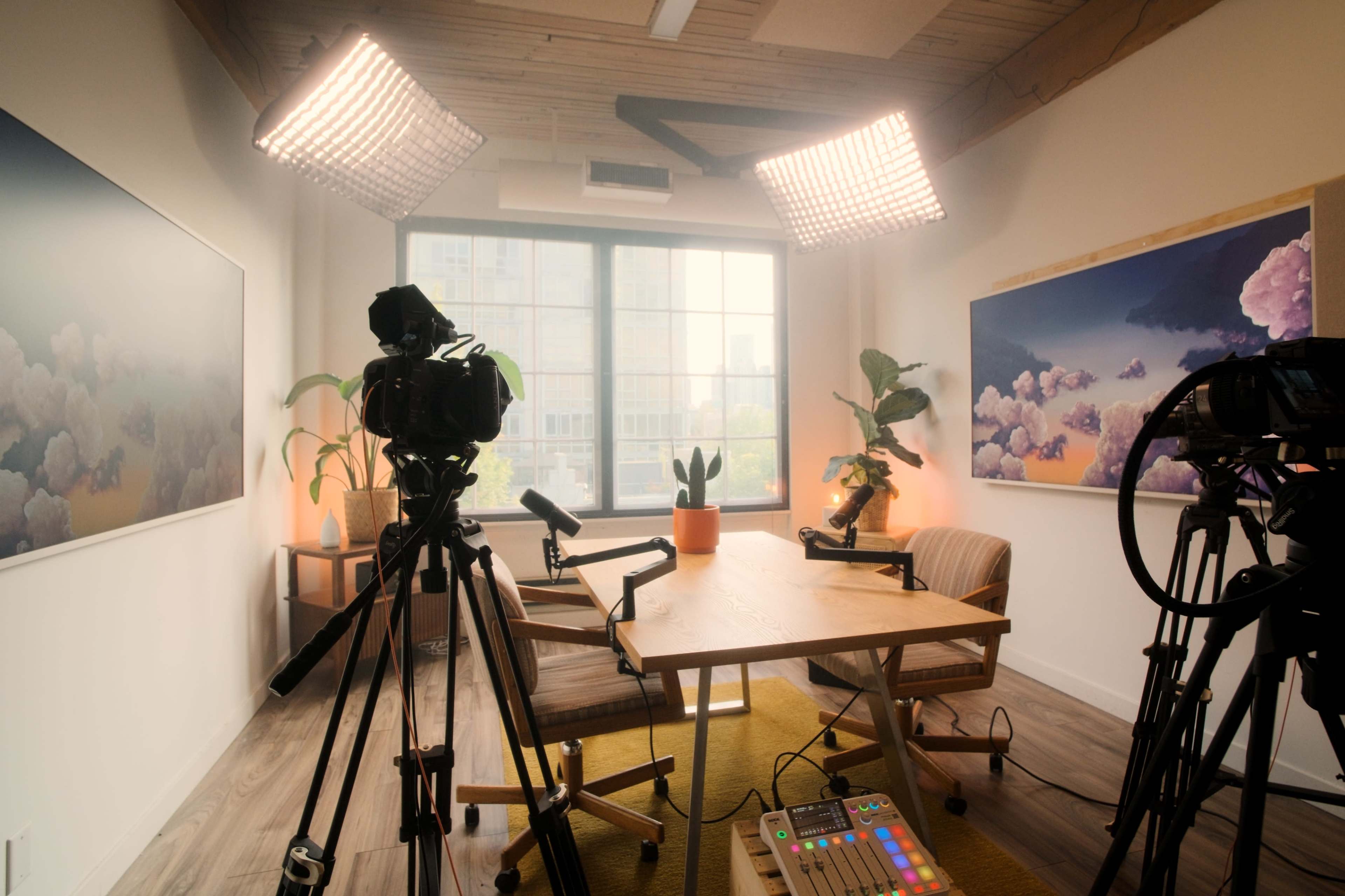 The image shows a well-lit studio setup with cameras, a wooden table, and potted plants, arranged for a recording session.