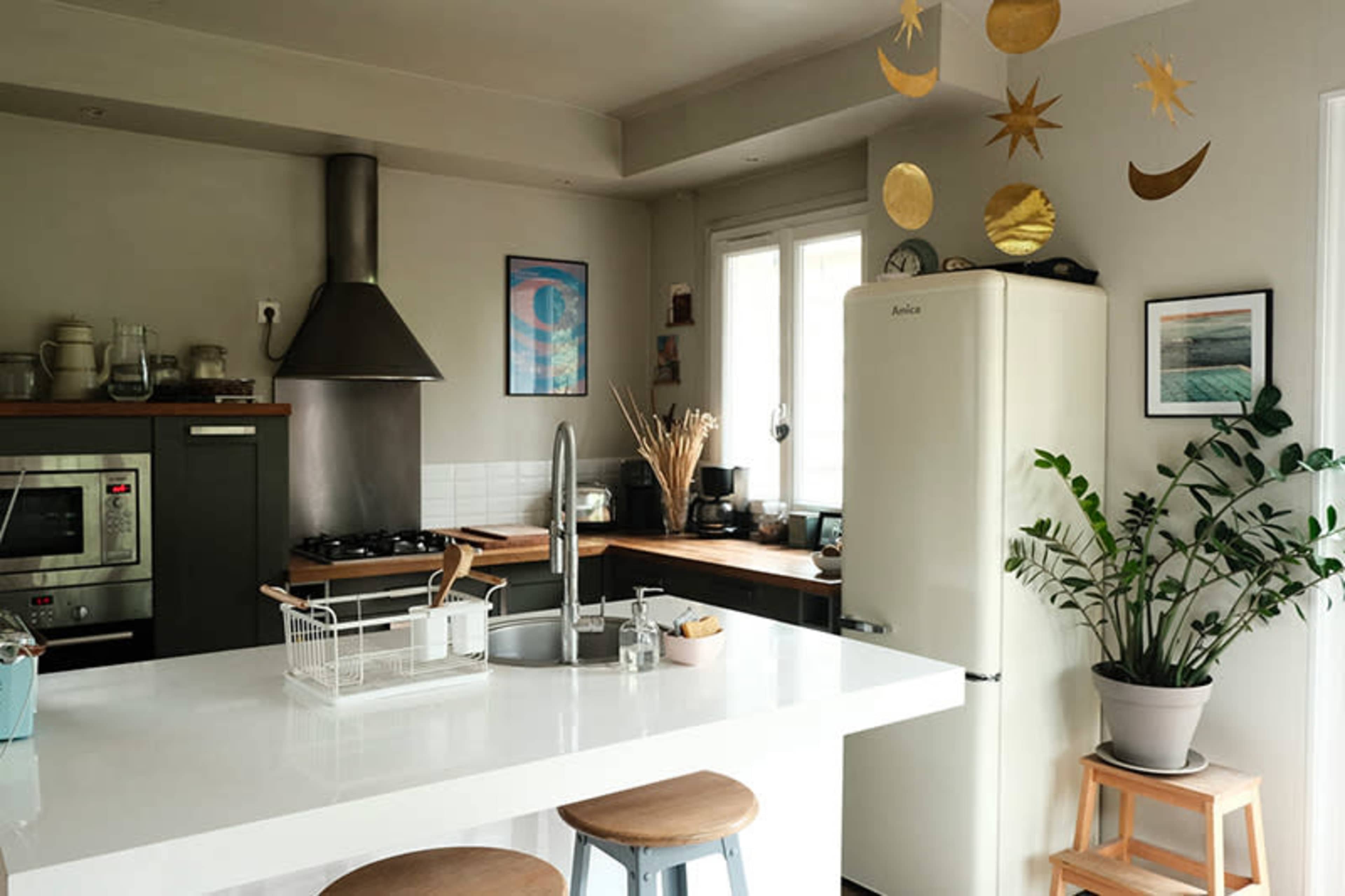 A modern kitchen features a central island, stainless steel appliances, a vintage-style refrigerator, and decorative elements like plants and wall art.