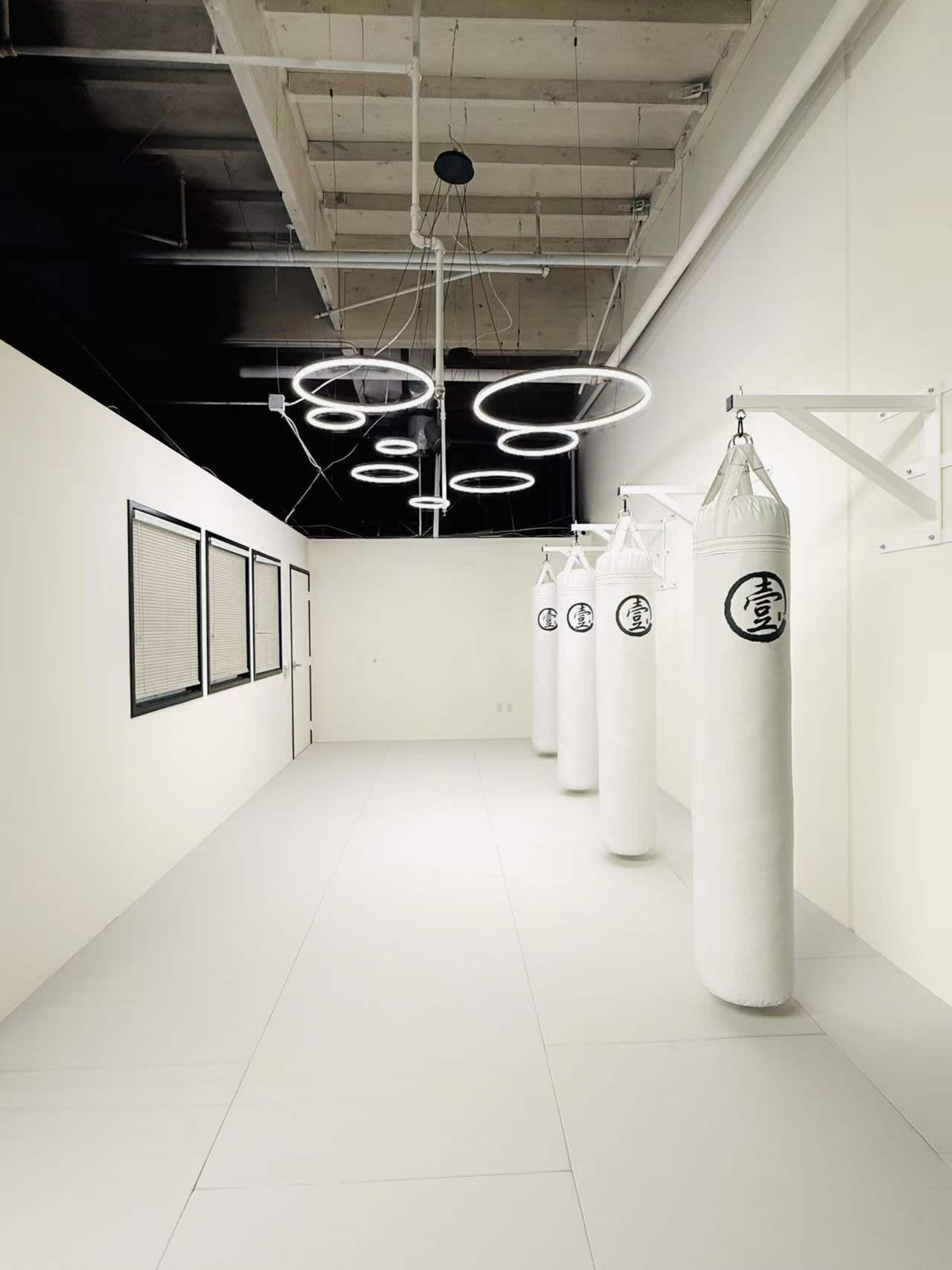 The image shows a minimalist training facility featuring several white punching bags suspended from the ceiling, with circular light fixtures overhead and plain white walls.