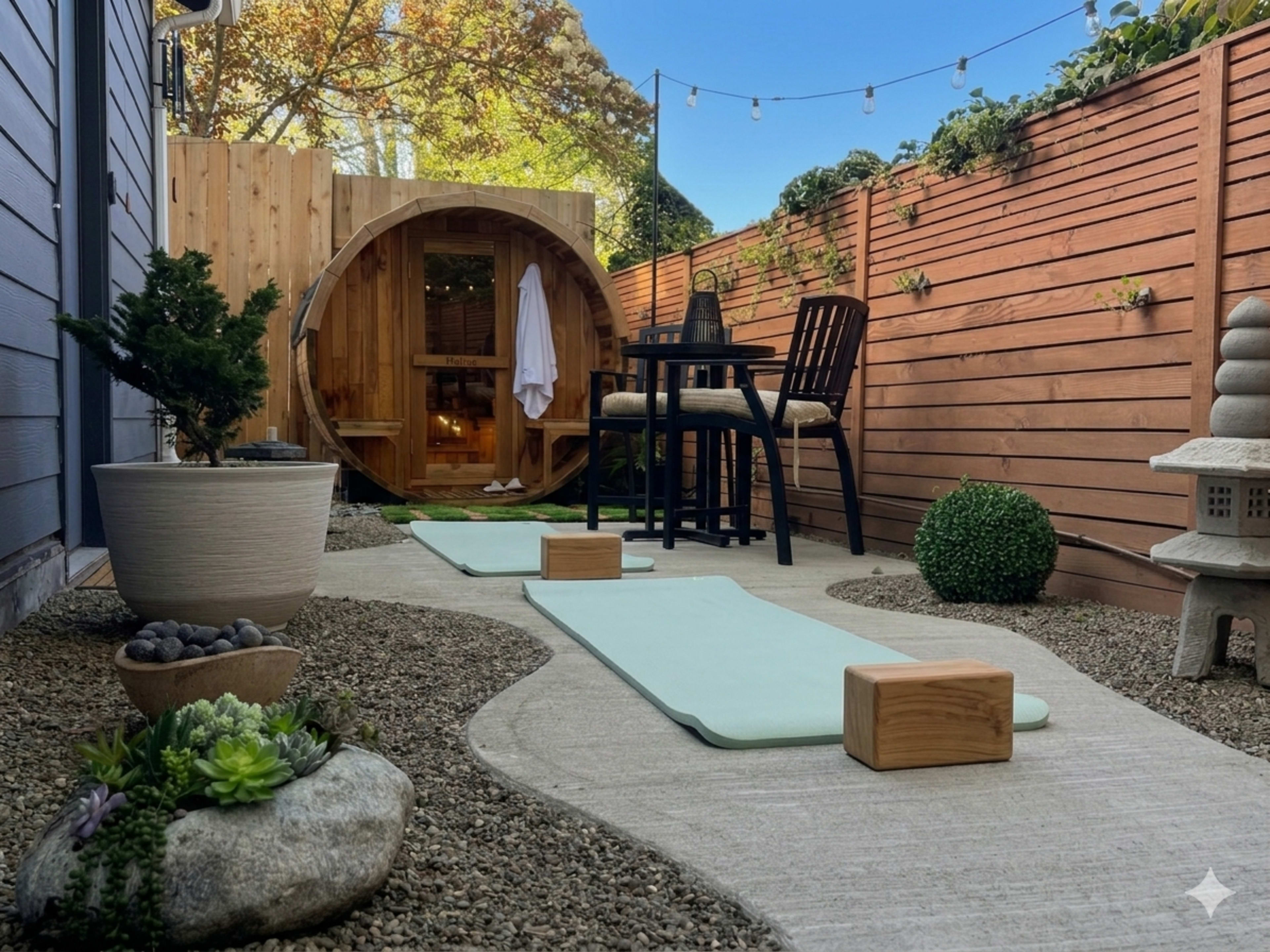 The image shows a tranquil outdoor space featuring a circular wooden sauna, two exercise mats, a table with chairs, and stone landscaping with plants.