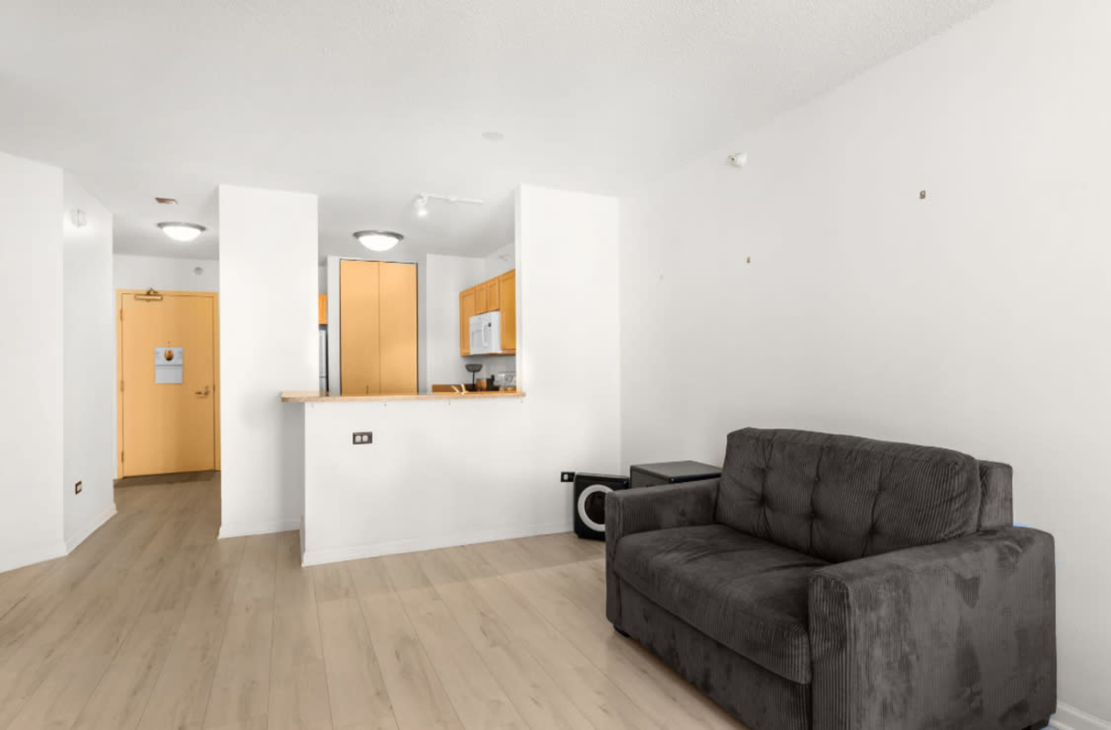 The image shows a bright, minimalist living space featuring a gray couch, a kitchen with wooden cabinets, and light-colored flooring.