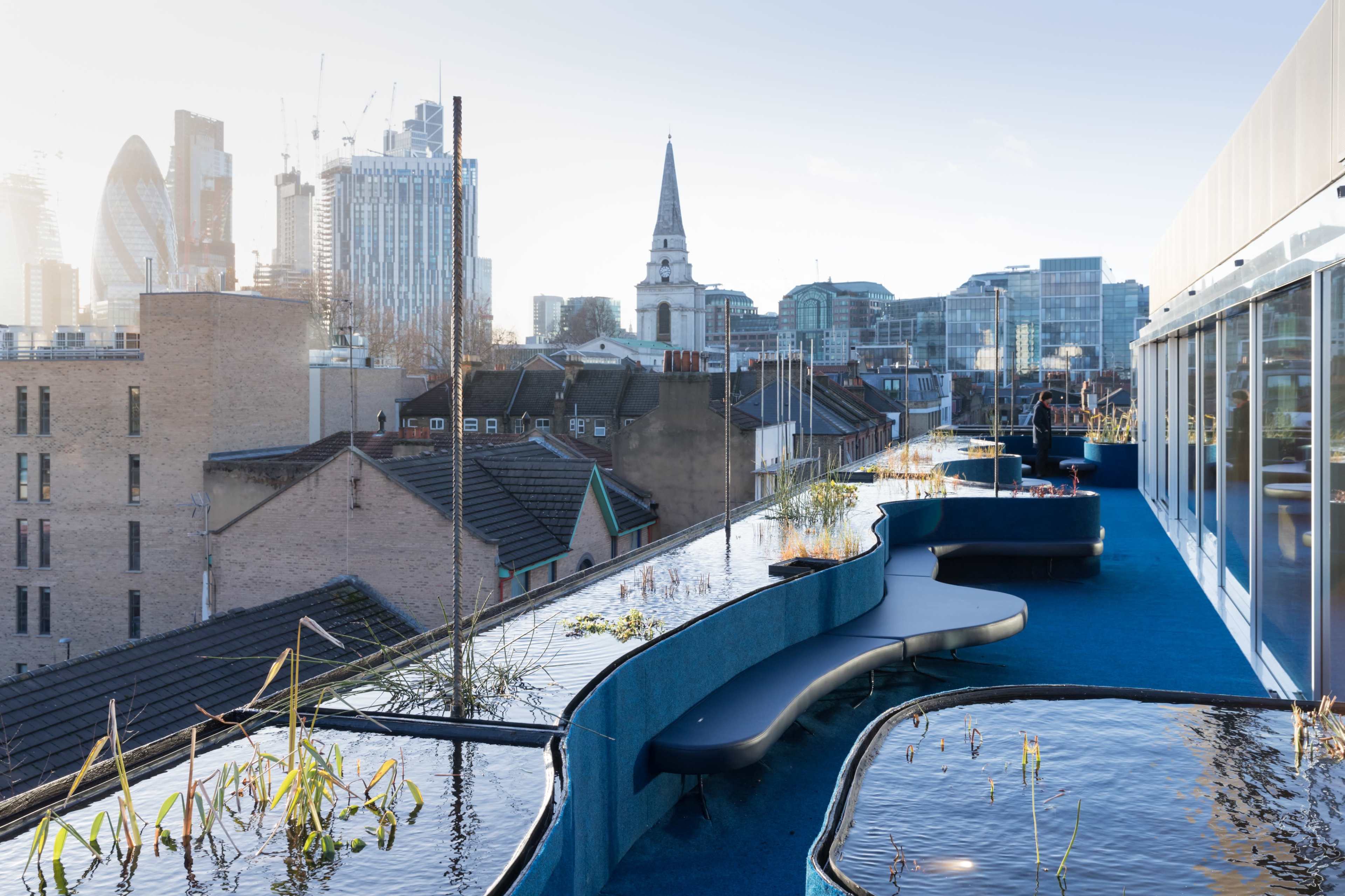 The image shows a modern rooftop garden featuring curved benches and water features, with a skyline of London in the background.