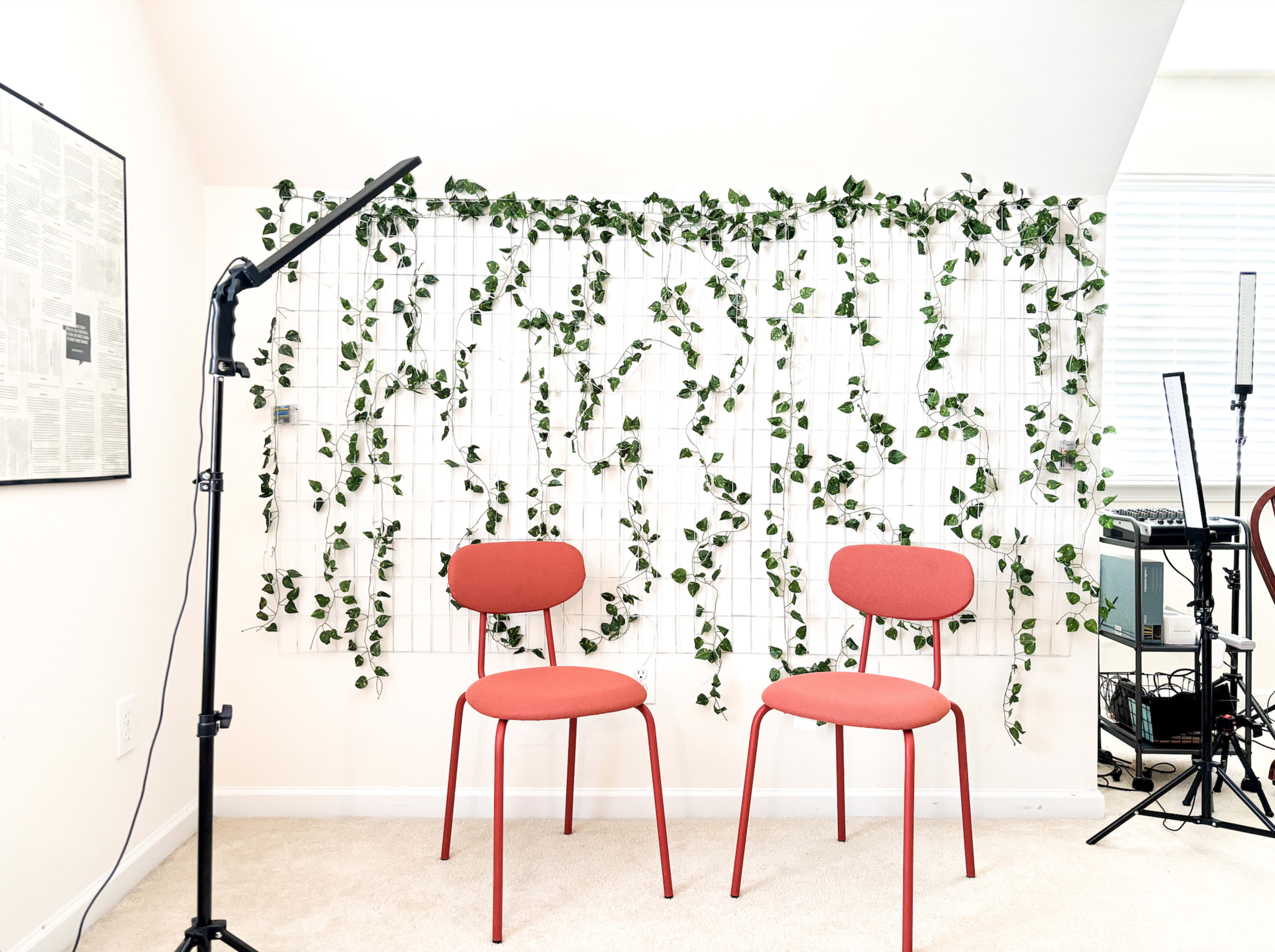 Two red chairs are positioned in front of a wall covered with green vines, illuminated by a floor lamp.