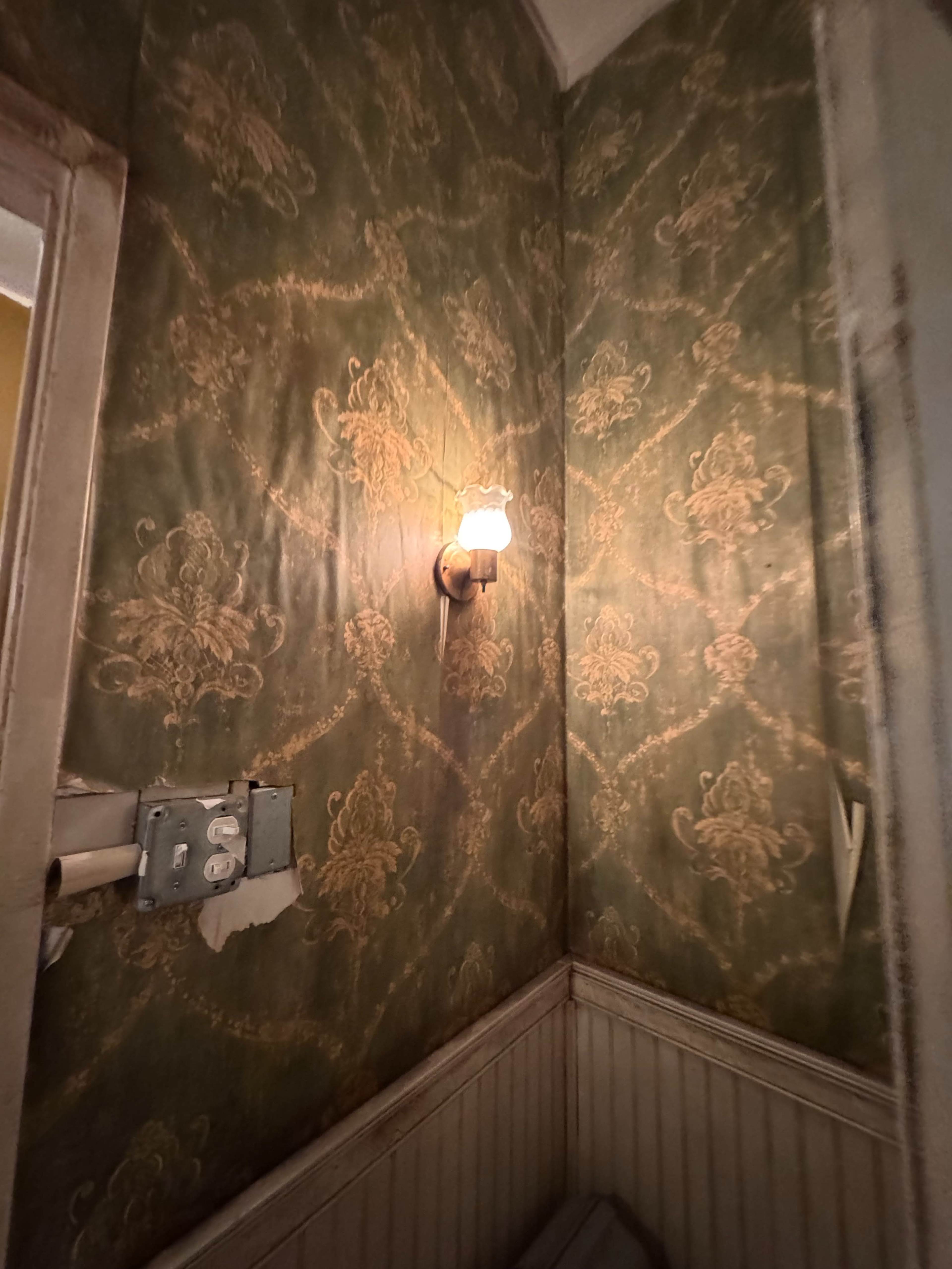 The image shows a dimly lit corner of a bathroom with vintage floral-patterned wallpaper and a wall sconce.