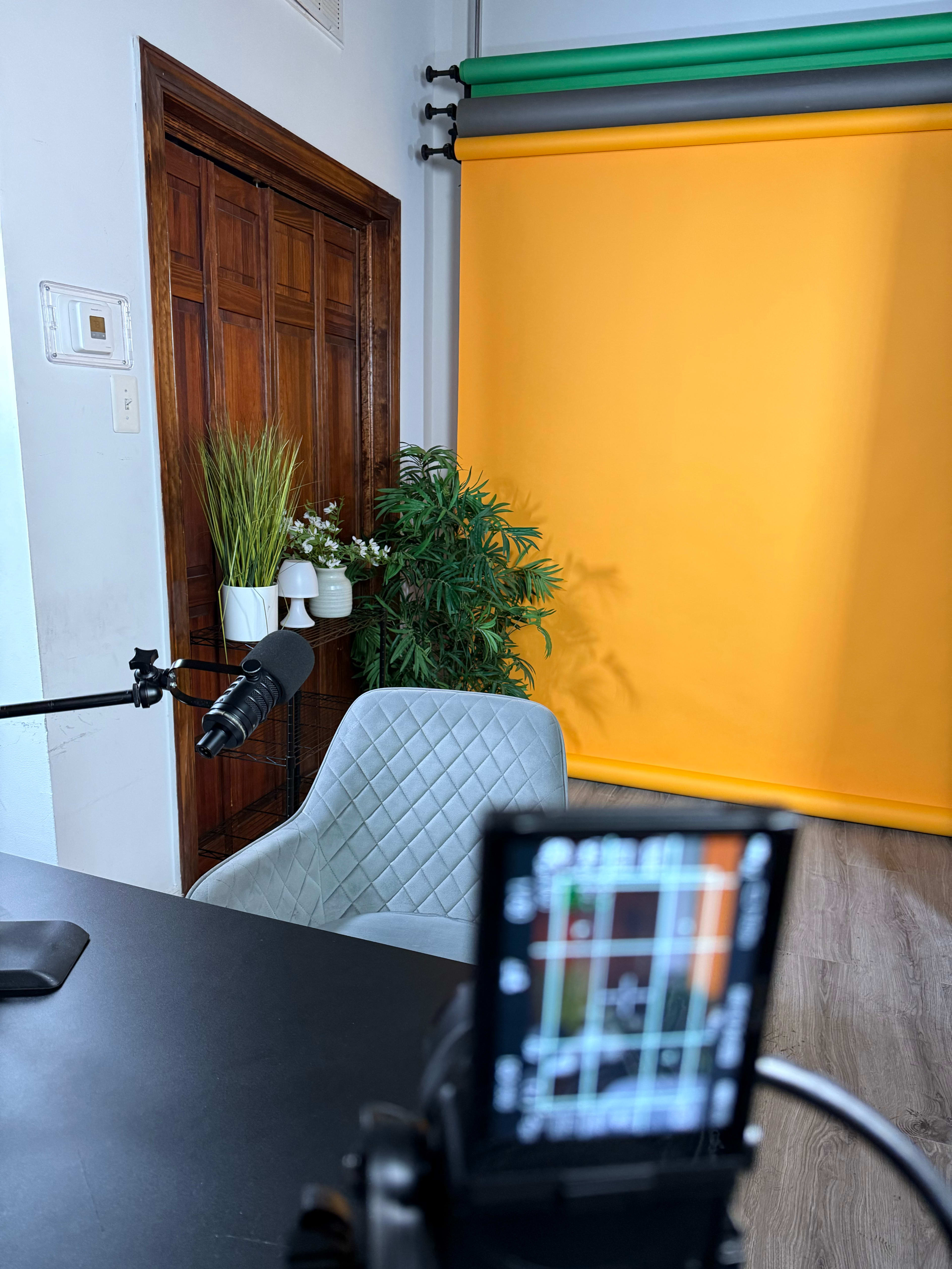 The image shows a small studio setup with a microphone, a desk, and a backdrop of yellow and green rolls, along with potted plants and a wooden door in the background.