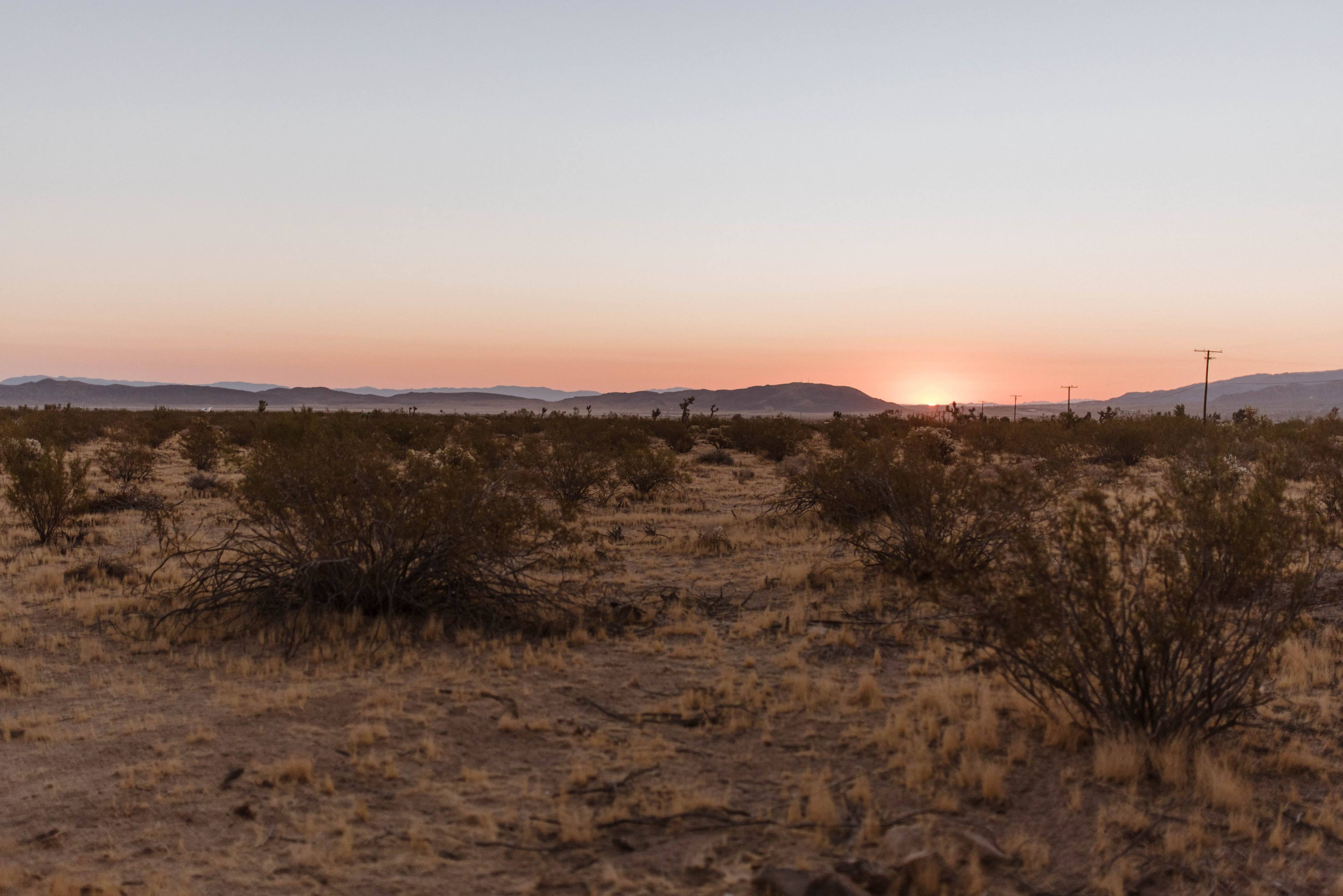 A barren desert landscape at sunset, with sparse vegetation and distant mountains under a clear sky.
