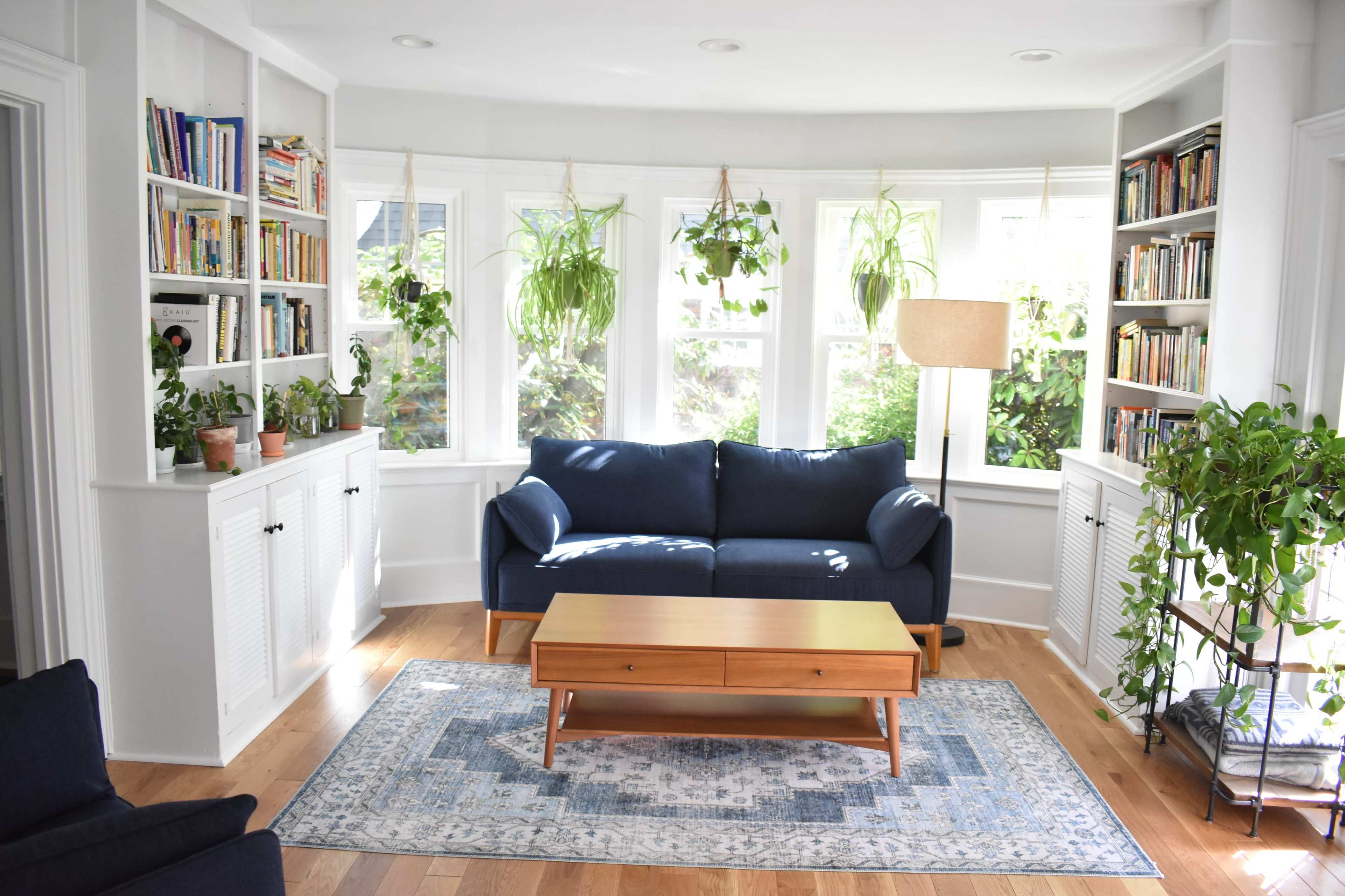 A cozy living room features a blue sofa, a wooden coffee table, and bookshelves filled with books, surrounded by plants and large windows letting in natural light.
