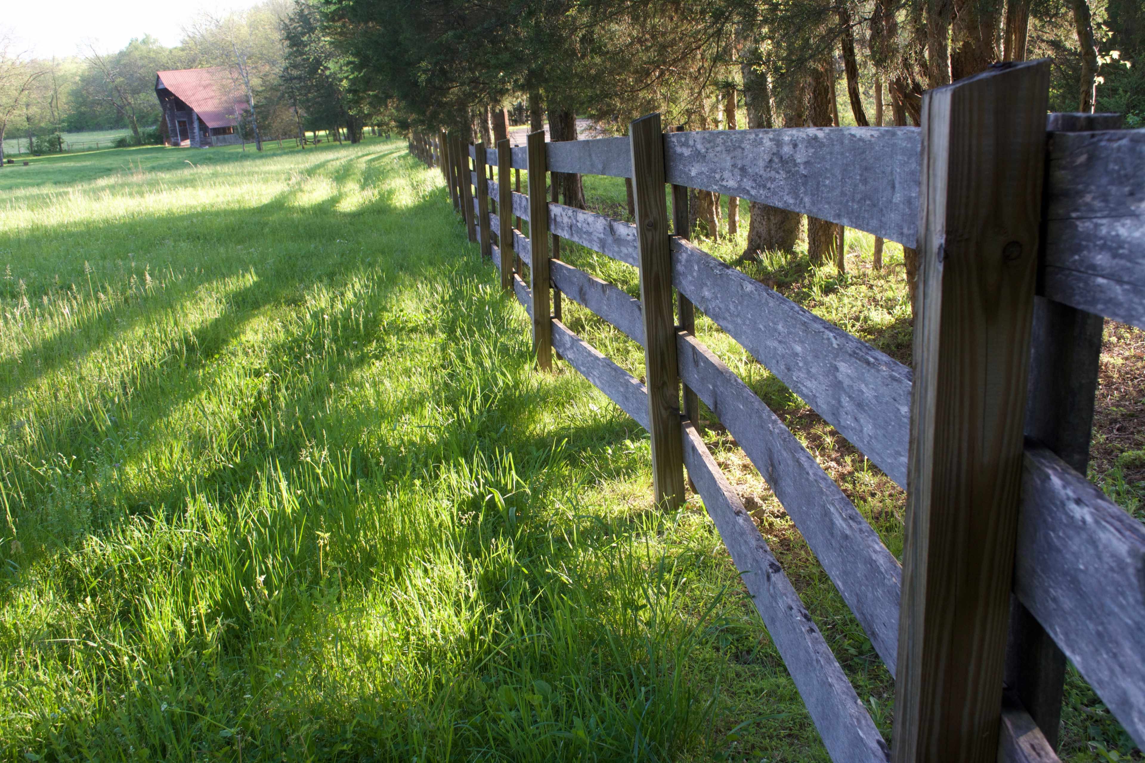 A weathered wooden fence lines a grassy field with a red-roofed barn visible in the background among trees.