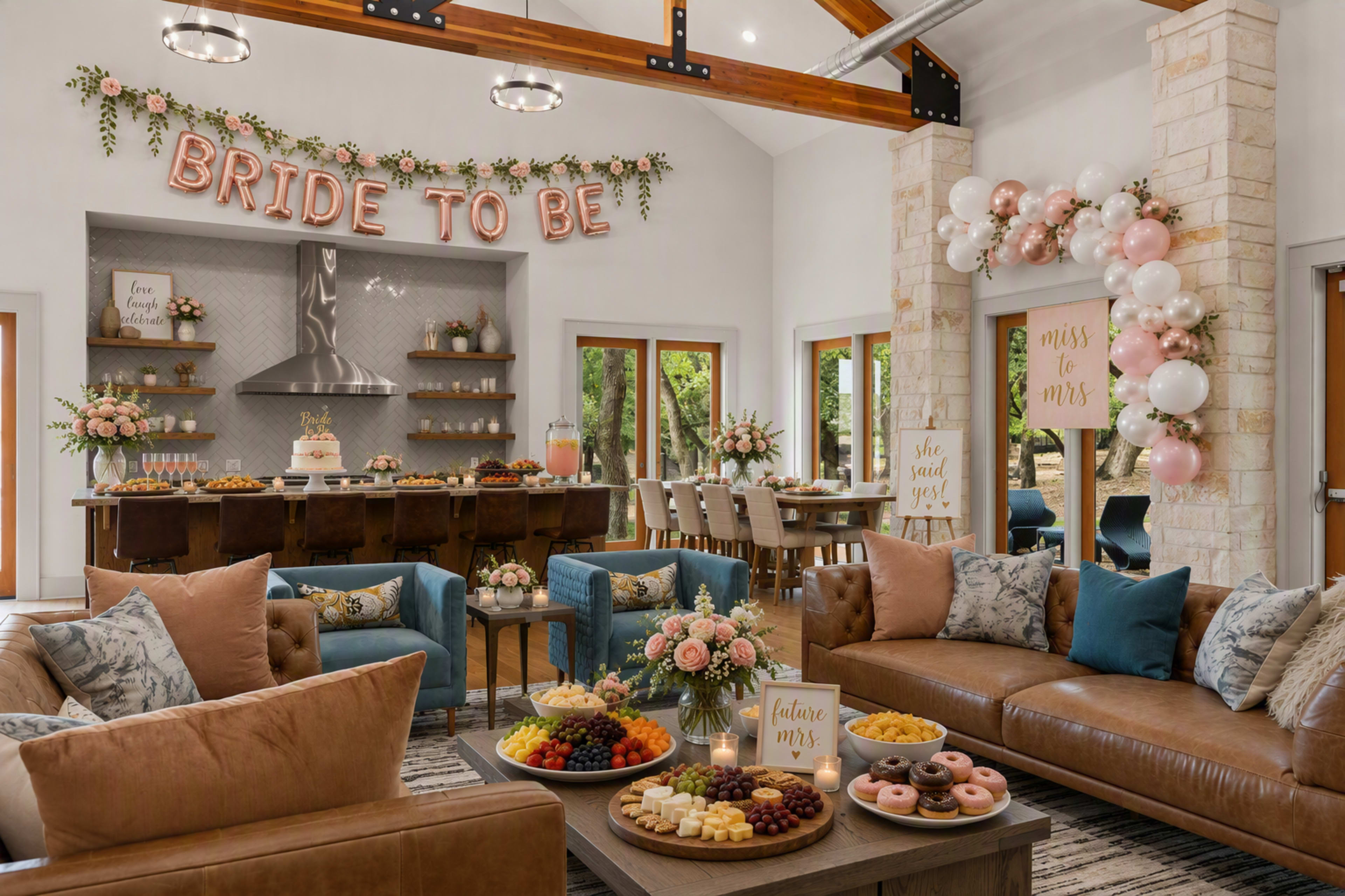 A cozy event space is decorated for a bridal shower, featuring a festive "BRIDE TO BE" sign, floral arrangements, and a food display with fruits, cheeses, and pastries.