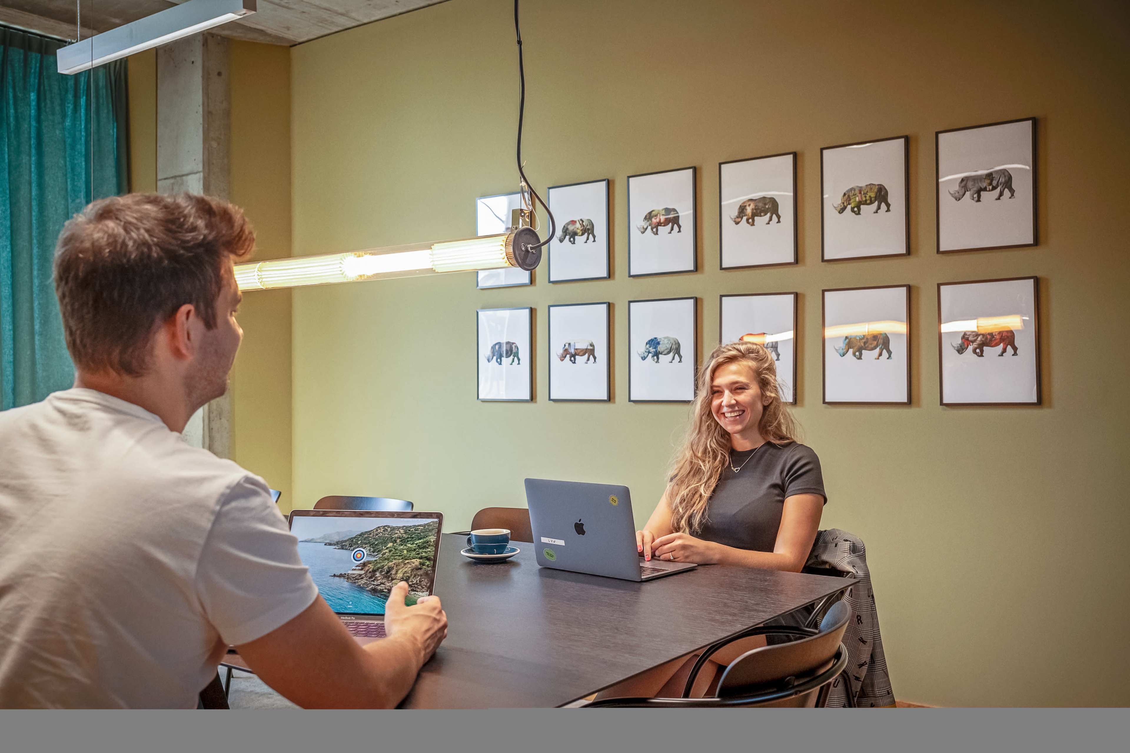 Two people are seated at a table in a well-lit room, with one person working on a laptop and the other smiling at them, while artwork featuring animals hangs on the wall behind them.