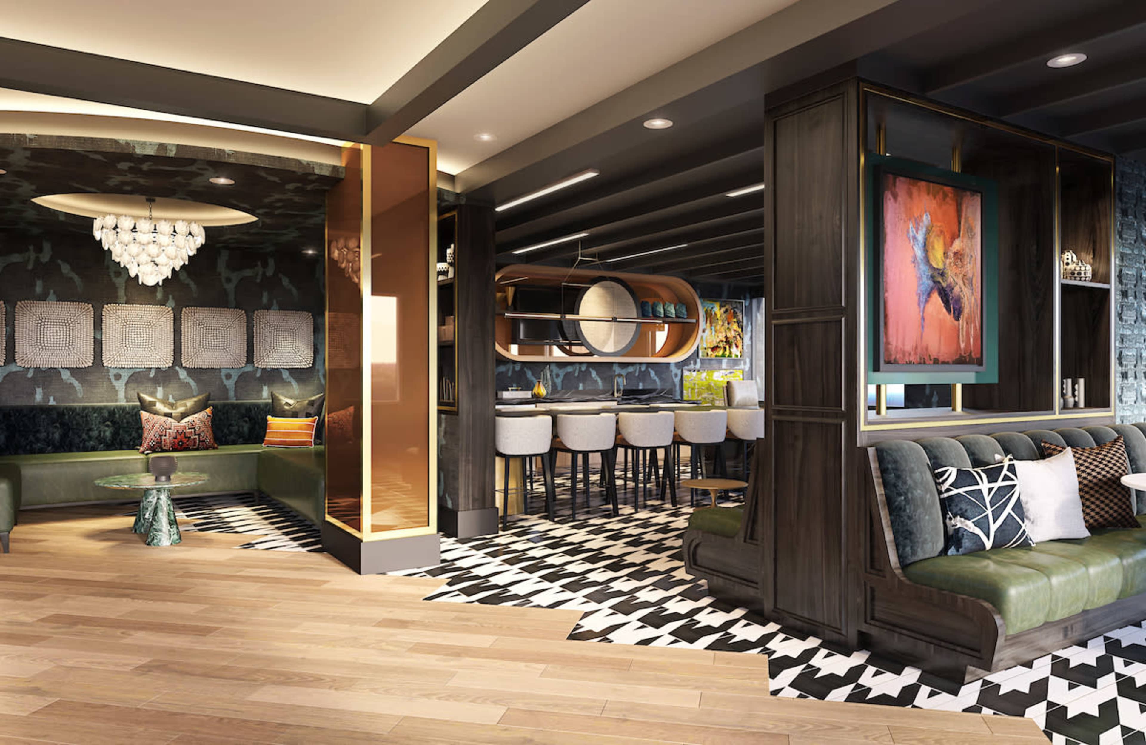 A modern lounge area featuring a mix of dark wood furniture, colorful artwork, a bar with seating, and patterned flooring.
