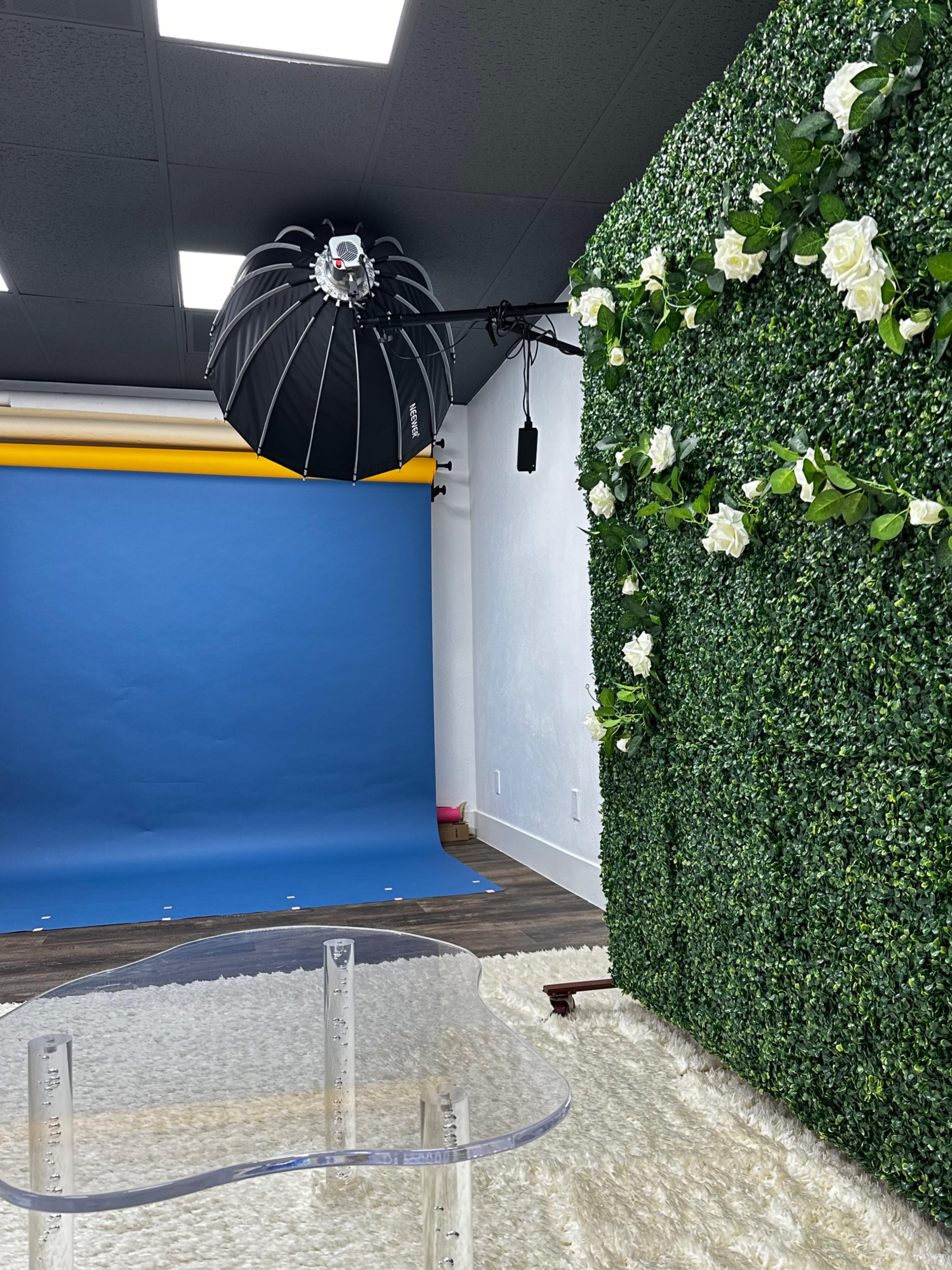 The image shows a photography studio featuring a blue backdrop, an umbrella light setup, a decorative green wall with white flowers, and a clear acrylic table on a textured rug.