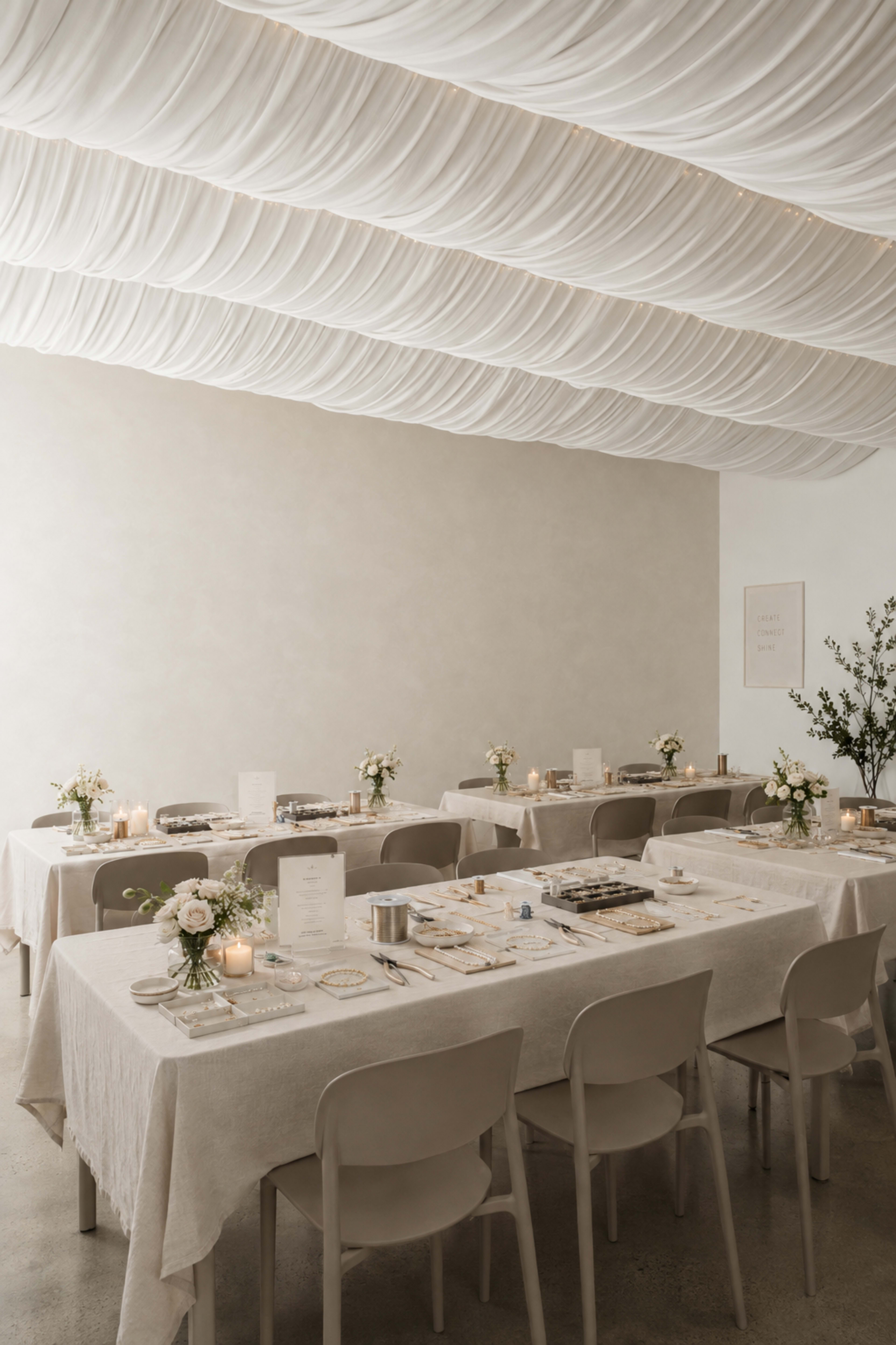 A minimalist event space features elegantly arranged tables with floral centerpieces and soft drapery overhead.