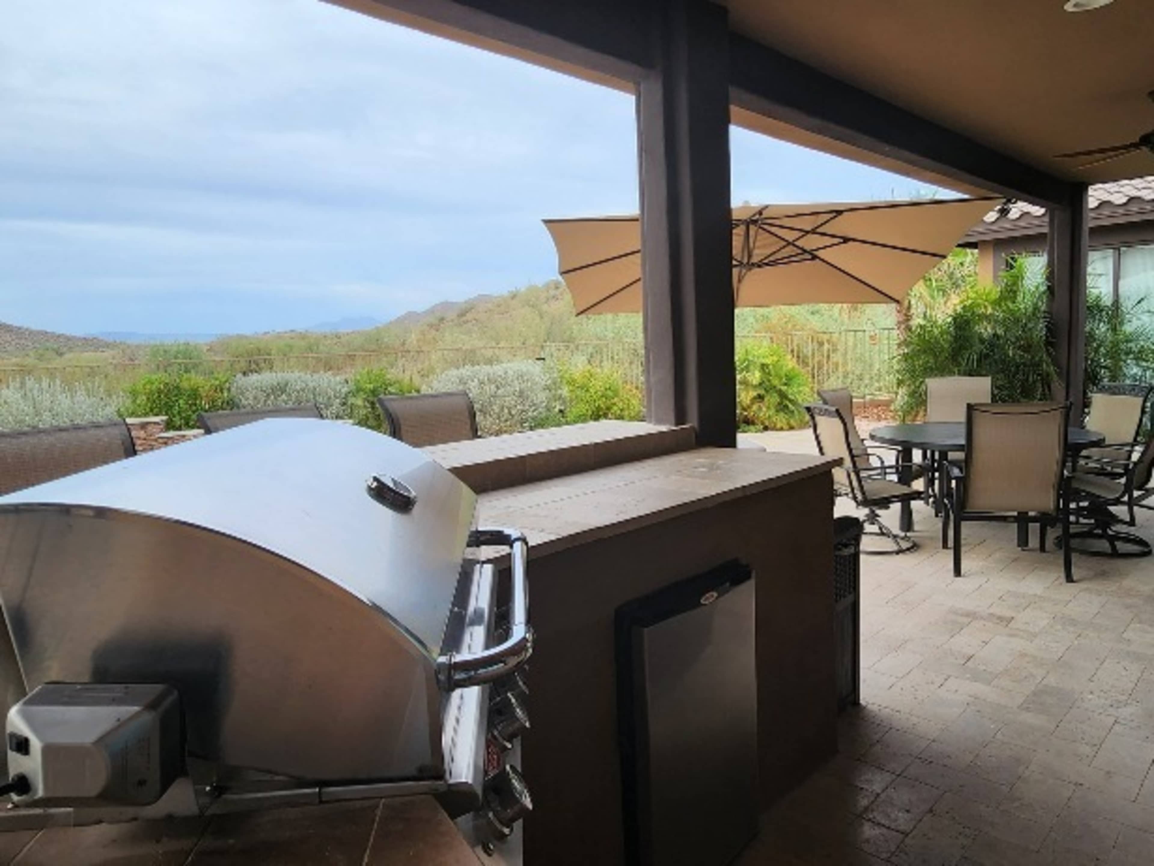 Back yard, pool, grill, mini-fridge, misters